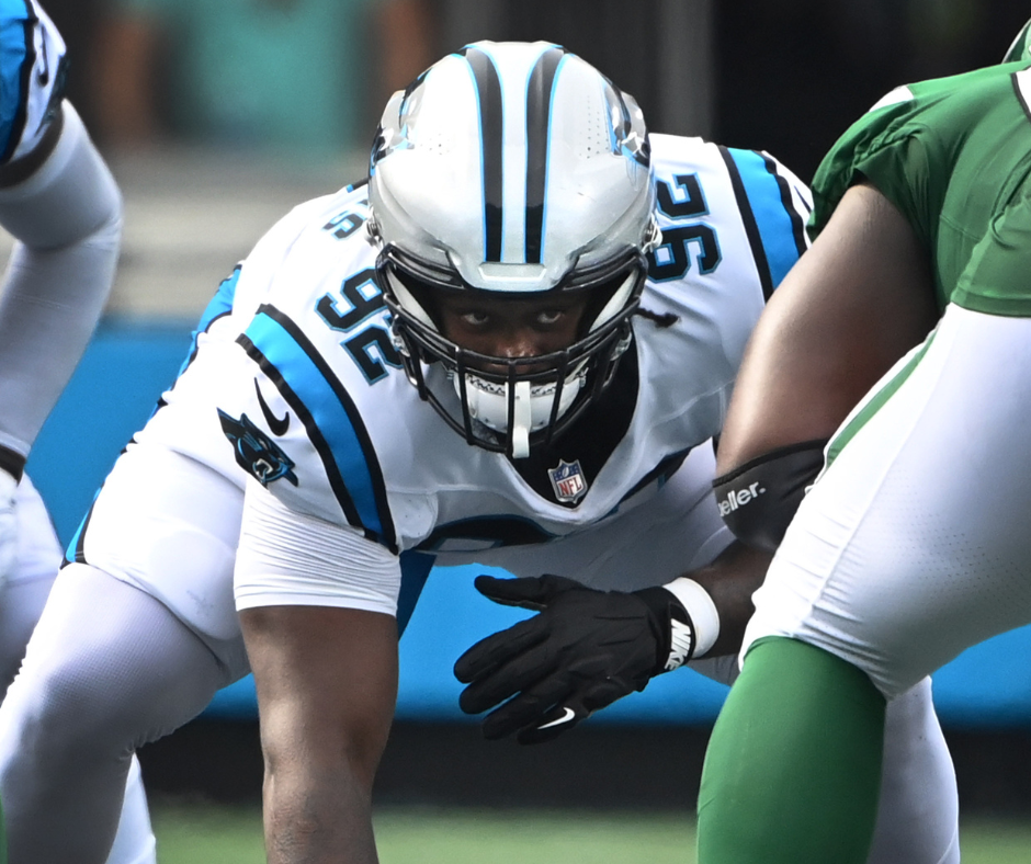Aug 12, 2023; Charlotte, North Carolina, USA; Carolina Panthers defensive tackle Raequan Williams (92) at the line in the second quarter at Bank of America Stadium. Mandatory Credit: Bob Donnan-USA TODAY Sports