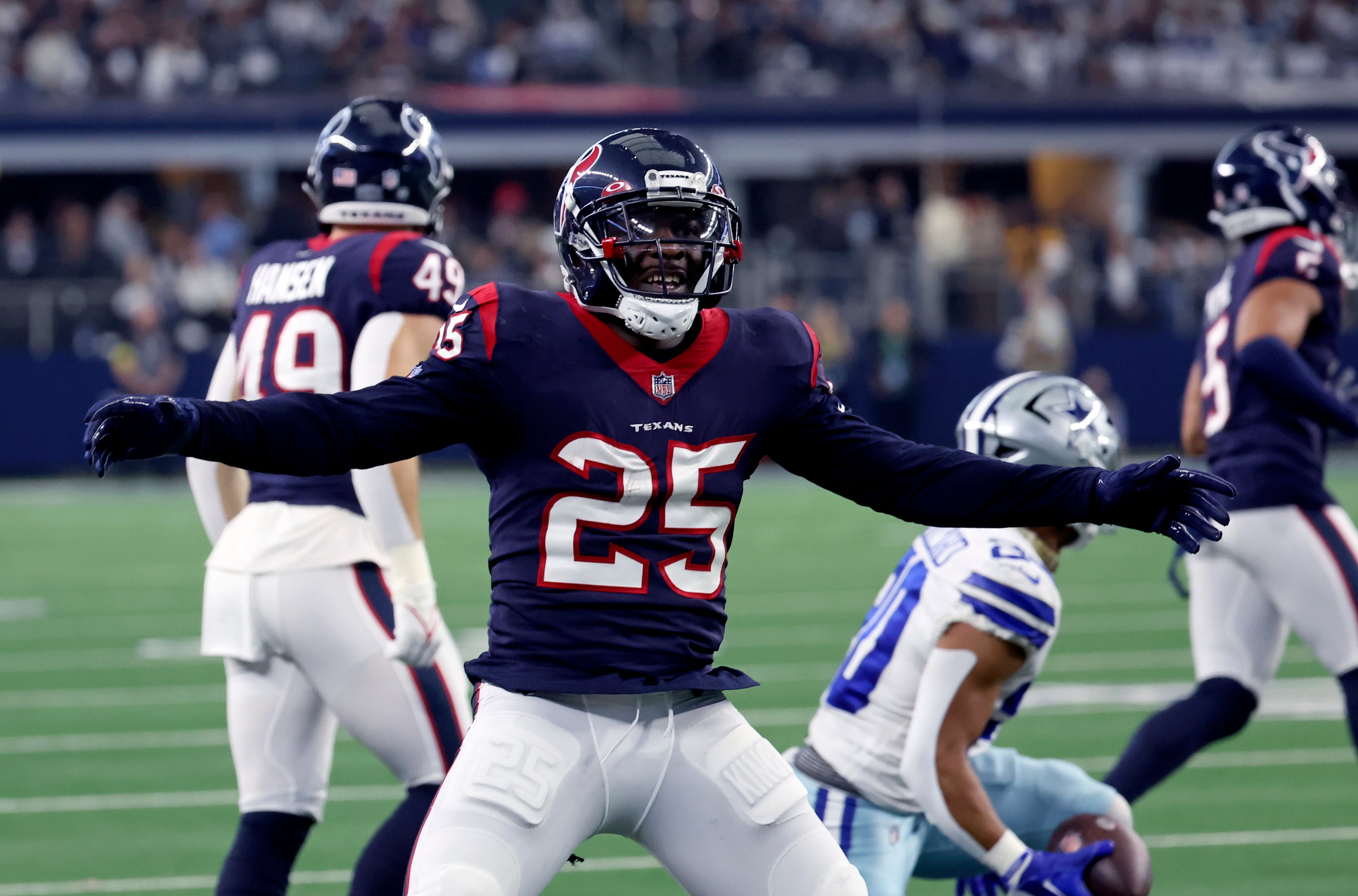 Dec 11, 2022; Arlington, Texas, USA; Houston Texans cornerback Desmond King II (25) reacts during the game against the Dallas Cowboys at AT&T Stadium. Mandatory Credit: Kevin Jairaj-USA TODAY Sports