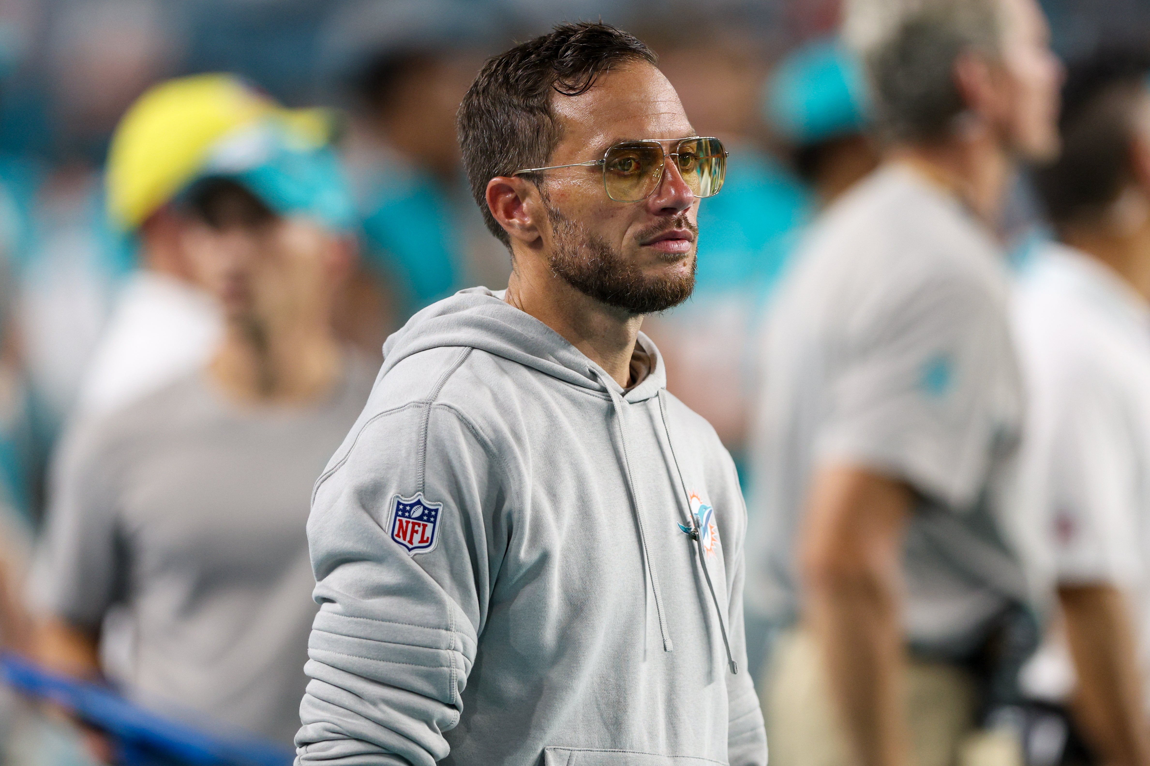 Miami Dolphins head coach Mike McDaniel looks on against the Atlanta Falcons in the fourth quarter at Hard Rock Stadium. Mandatory Credit: Nathan Ray Seebeck-USA TODAY Sports