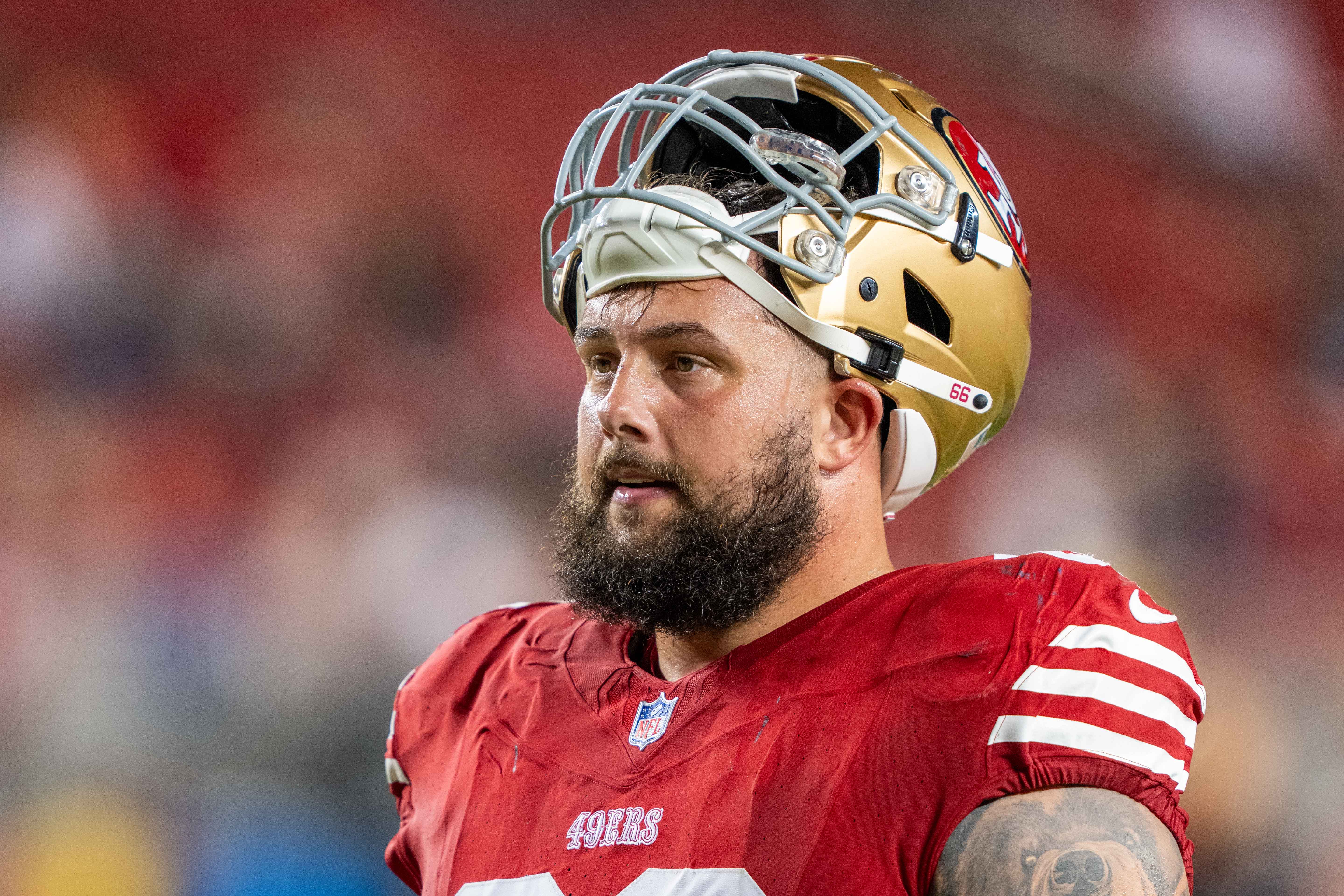 August 19, 2023; Santa Clara, California, USA; San Francisco 49ers offensive tackle Joey Fisher (66) after the game against the Denver Broncos at Levi's Stadium. Mandatory Credit: Kyle Terada-USA TODAY Sports