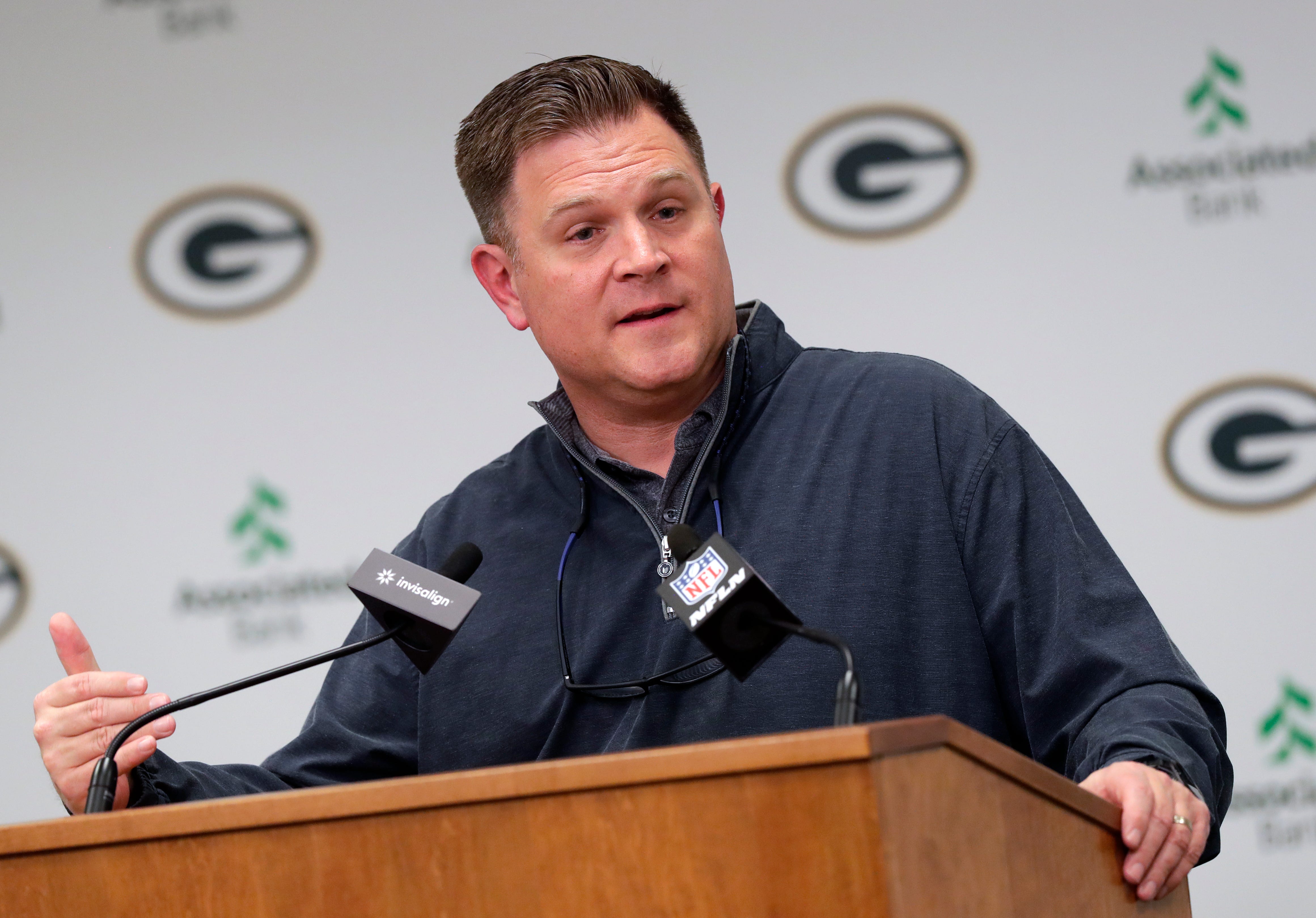 Green Bay Packers general manager Brian Gutekunst speaks to media after trading quarterback Aaron Rodgers to the New York Jets on April 25, 2023, at Lambeau Field in Green Bay, Wis. Sarah Kloepping/USA TODAY NETWORK-Wisconsin / USA TODAY NETWORK