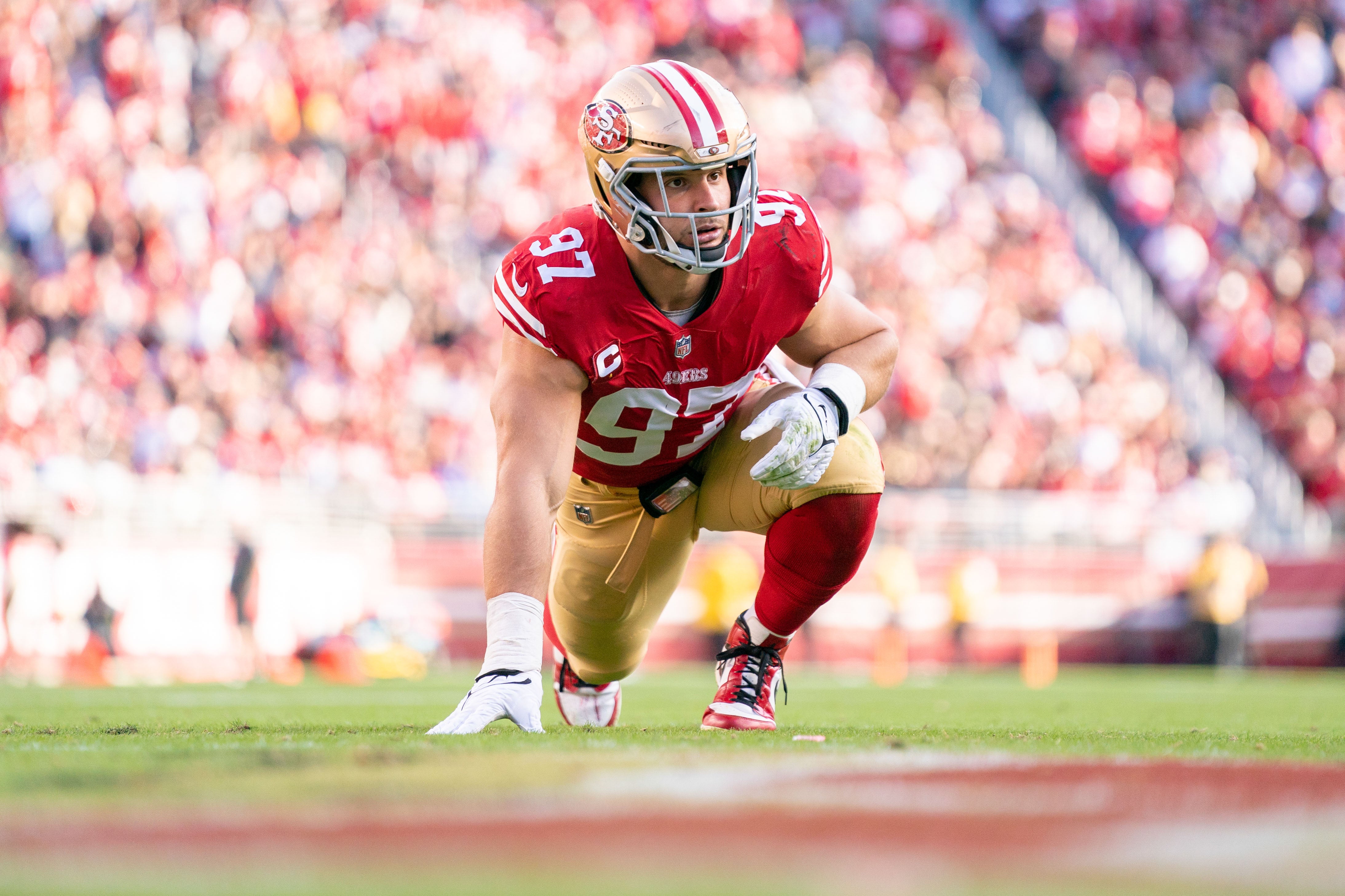 November 27, 2022; Santa Clara, California, USA; San Francisco 49ers defensive end Nick Bosa (97) during the second quarter against the New Orleans Saints at Levi's Stadium. Mandatory Credit: Kyle Terada-USA TODAY Sports