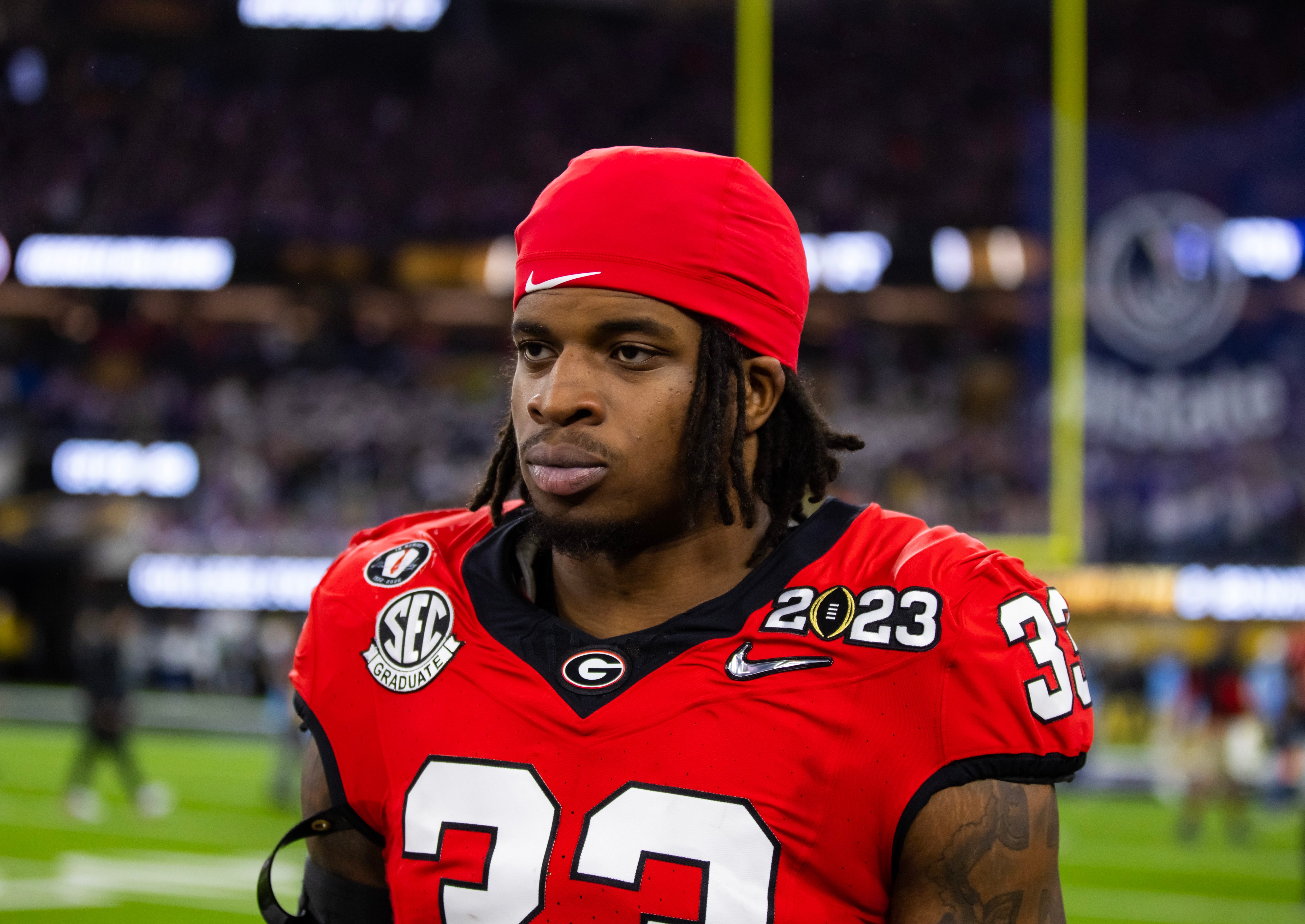 Jan 9, 2023; Inglewood, CA, USA; Georgia Bulldogs linebacker Robert Beal Jr. (33) against the TCU Horned Frogs during the CFP national championship game at SoFi Stadium. Mandatory Credit: Mark J. Rebilas-USA TODAY Sports