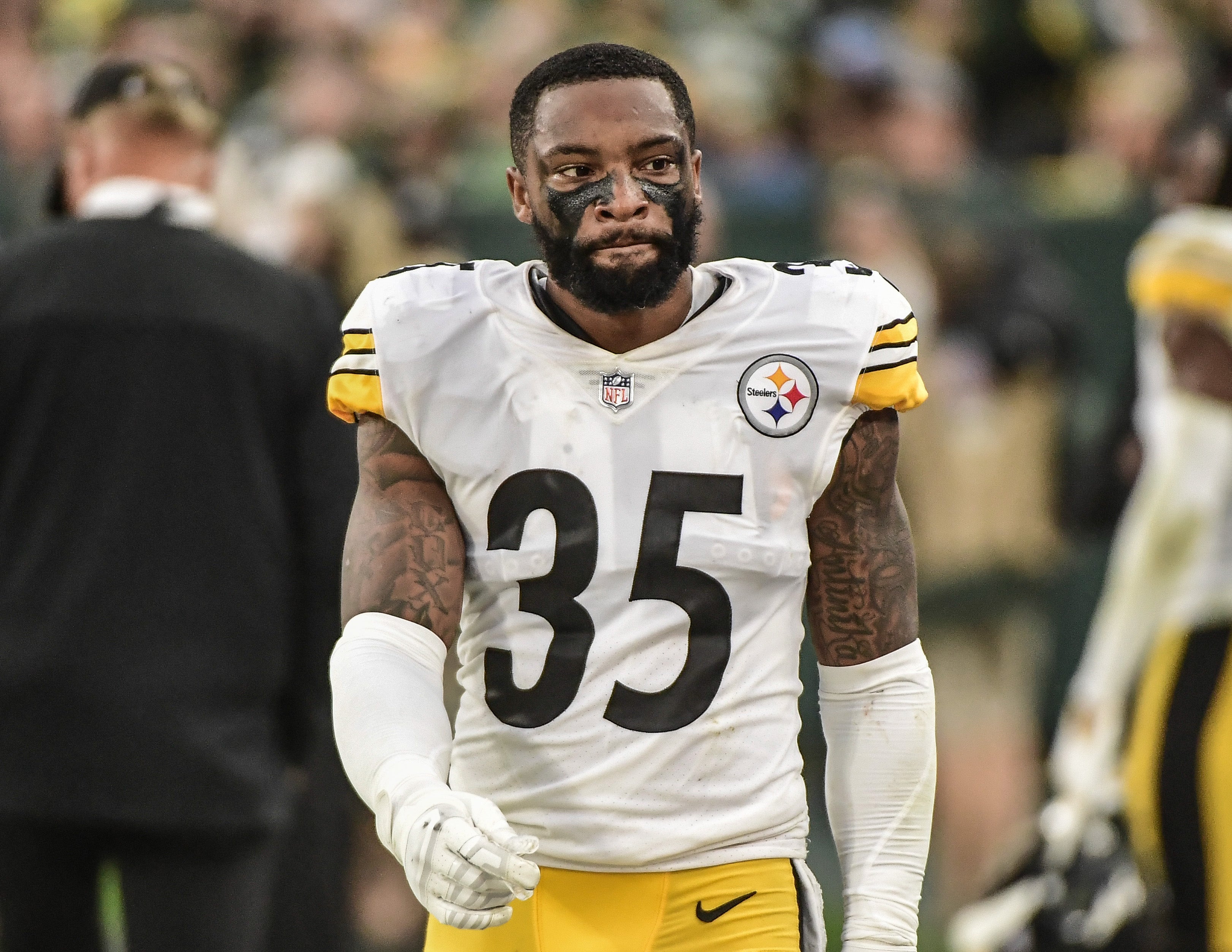 Oct 3, 2021; Green Bay, Wisconsin, USA; Pittsburgh Steelers cornerback Arthur Maulet (35) at Lambeau Field. Mandatory Credit: Benny Sieu-USA TODAY Sports
