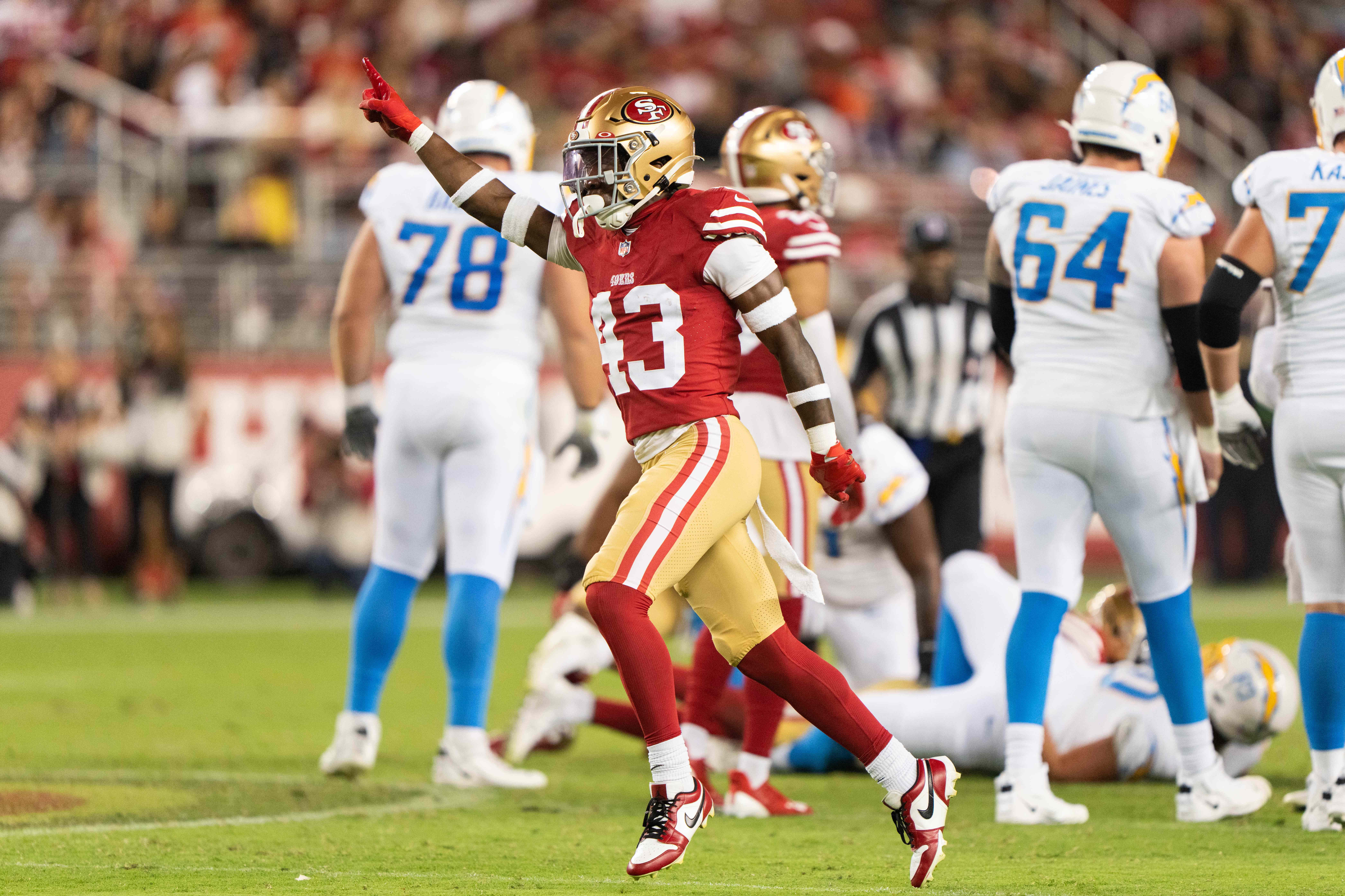 Aug 25, 2023; Santa Clara, California, USA; San Francisco 49ers cornerback Qwuantrezz Knight (43) reacts during the fourth quarter against the Los Angeles Chargers at Levi's Stadium. Mandatory Credit: Stan Szeto-USA TODAY Sports