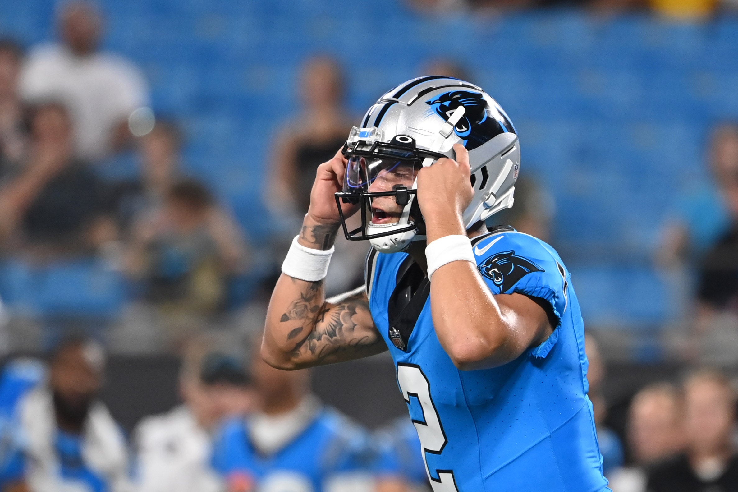 Aug 25, 2023; Charlotte, North Carolina, USA; Carolina Panthers quarterback Matt Corral (2) on the field in the fourth quarter at Bank of America Stadium. Mandatory Credit: Bob Donnan-USA TODAY Sports