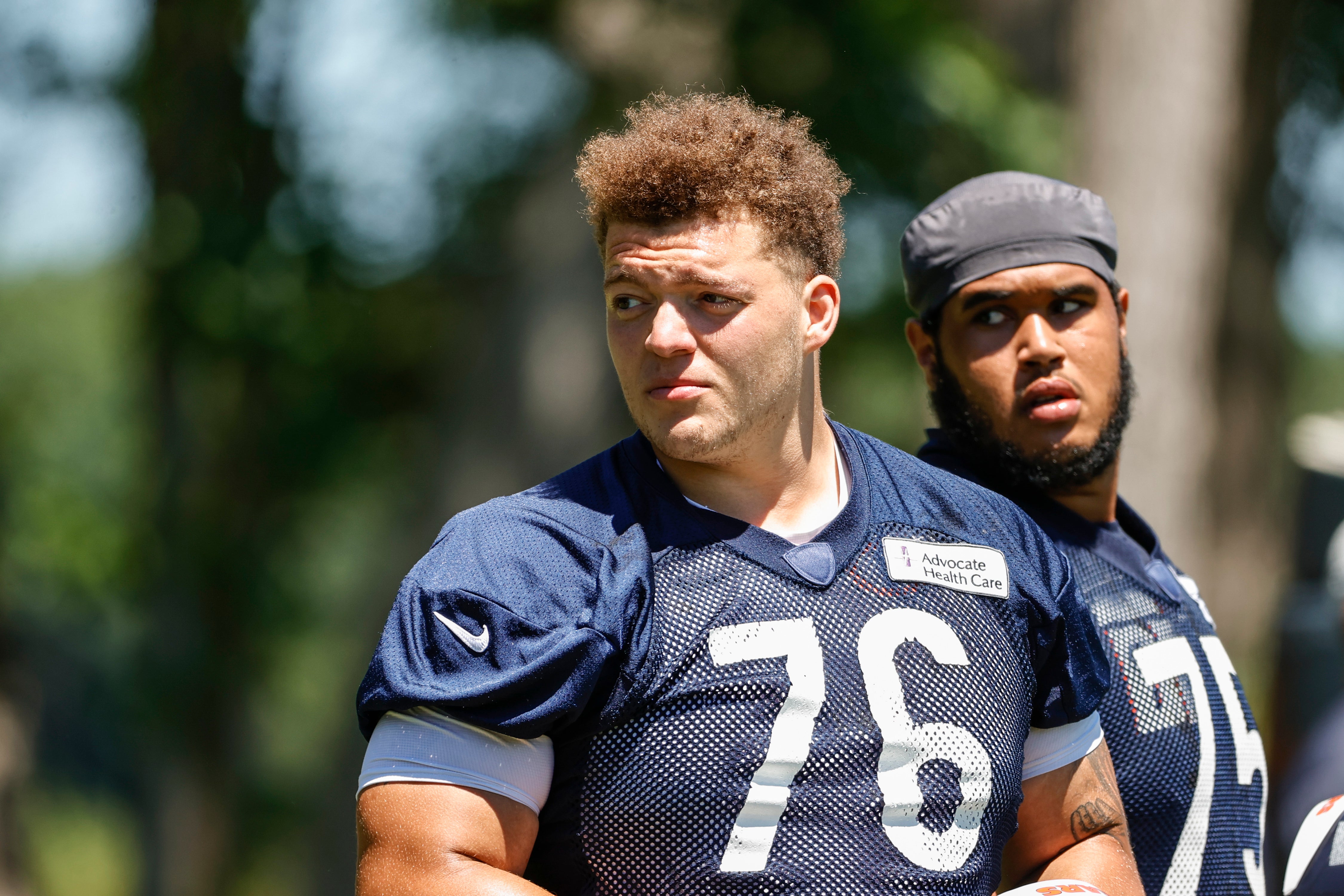Jun 16, 2021; Lake Forest, Illinois, USA; Chicago Bears Teven Jenkins looks on during minicamp at Halas Hall. Mandatory Credit: Kamil Krzaczynski-USA TODAY Sports