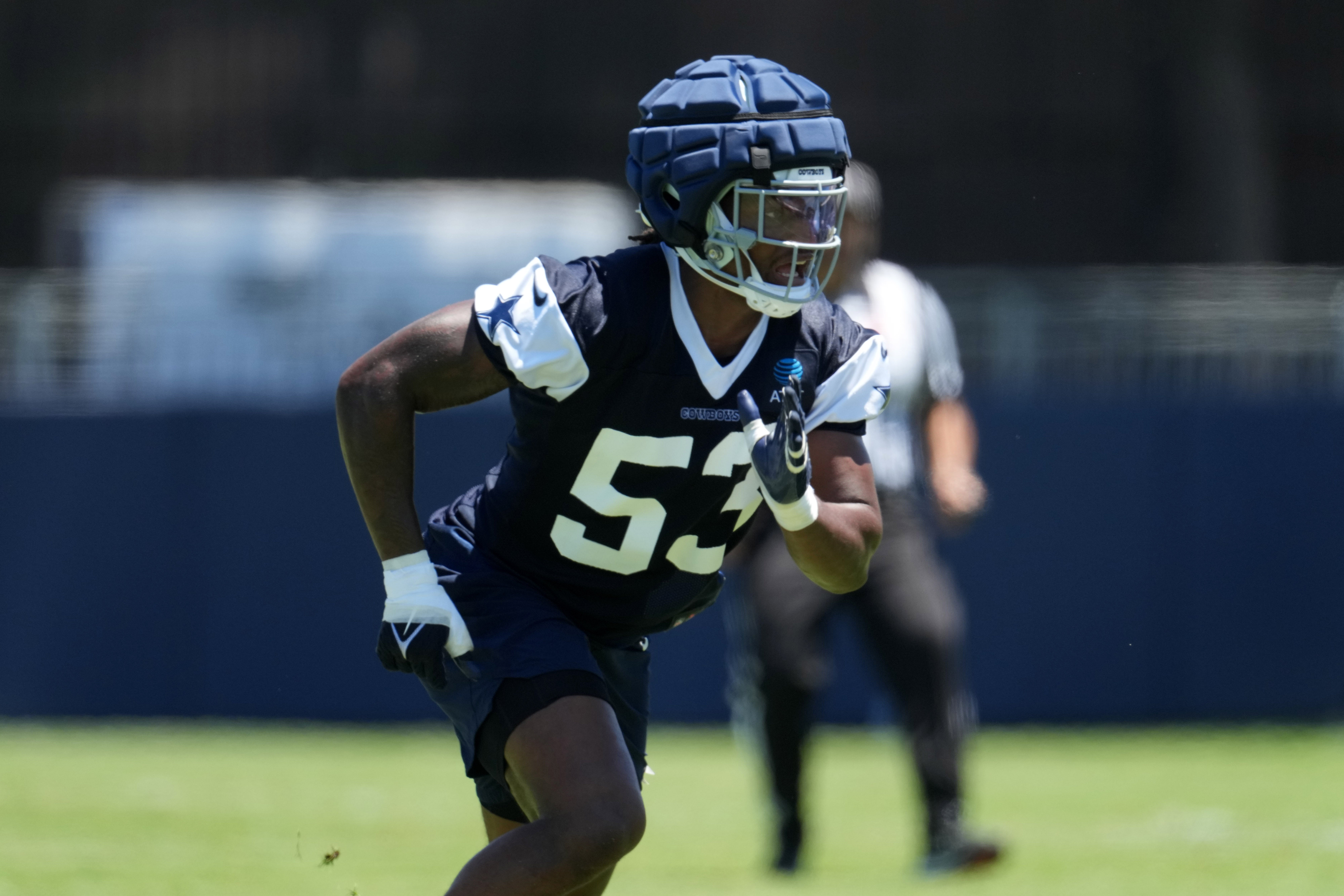 Jul 27, 2023; Oxnard, CA, USA; Dallas Cowboys linebacker Isaiah Land (53) during training camp at Marriott Residence Inn-River Ridge Playing Fields.