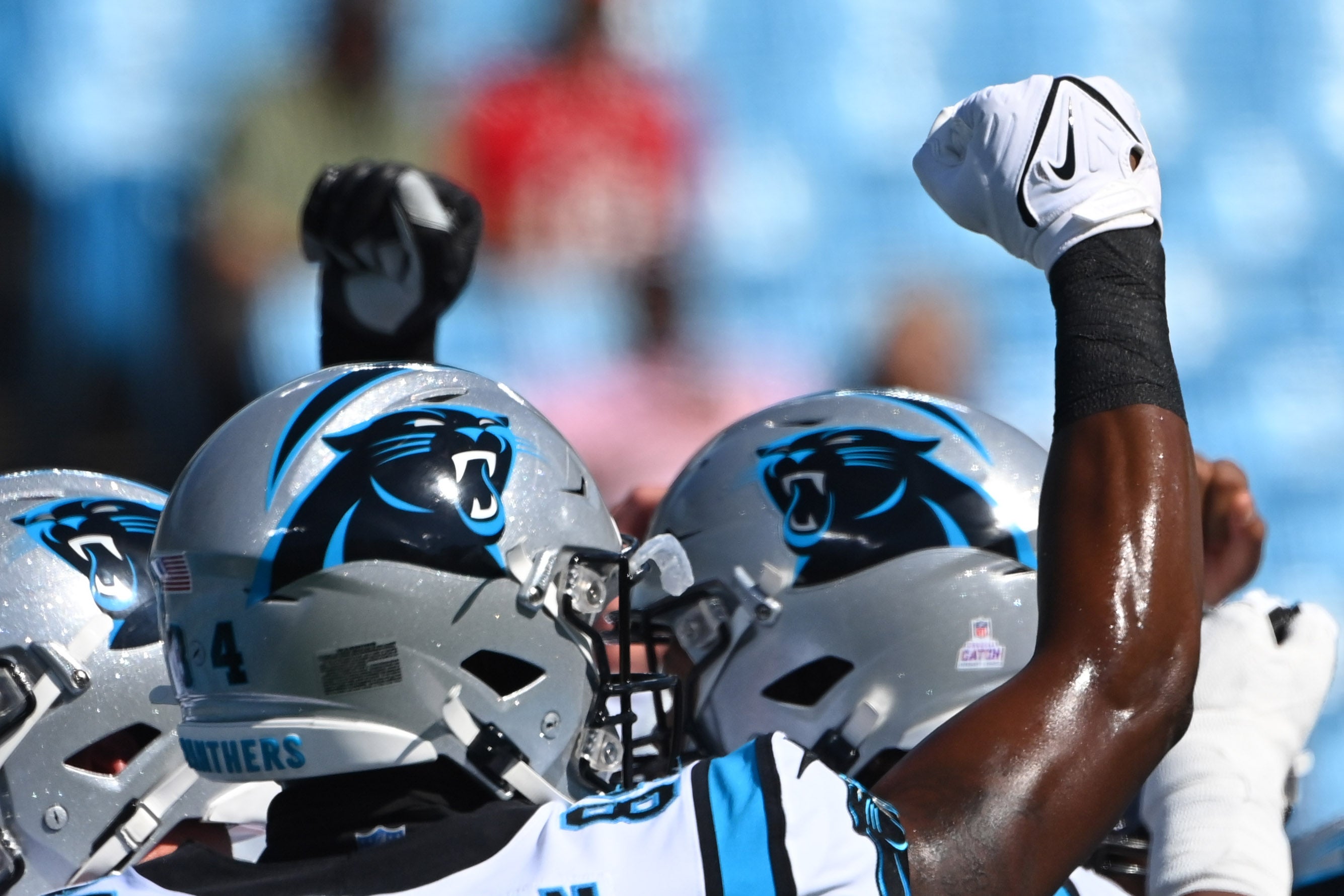 Oct 23, 2022; Charlotte, North Carolina, USA; Carolina Panthers players including tight end Stephen Sullivan (84) huddle before the game at Bank of America Stadium. Mandatory Credit: Bob Donnan-USA TODAY Sports