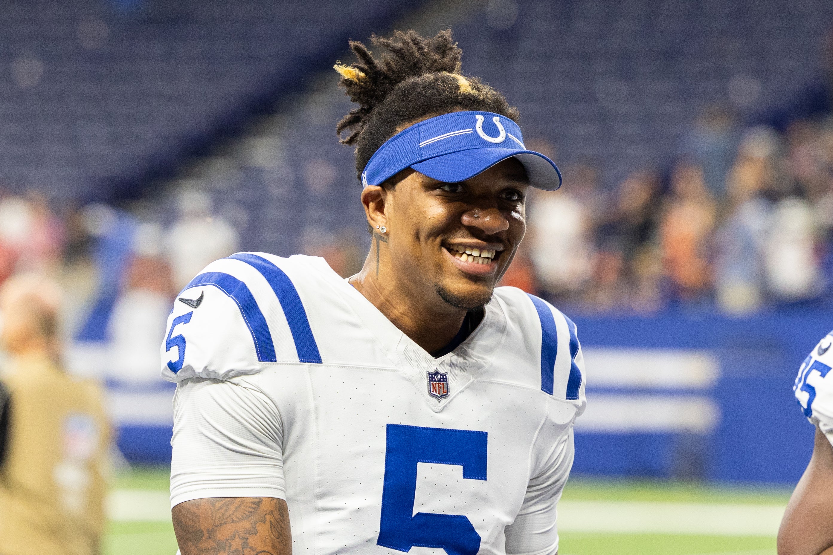 Aug 19, 2023; Indianapolis, Indiana, USA; Indianapolis Colts quarterback Anthony Richardson (5) after the game against the Chicago Bears at Lucas Oil Stadium.