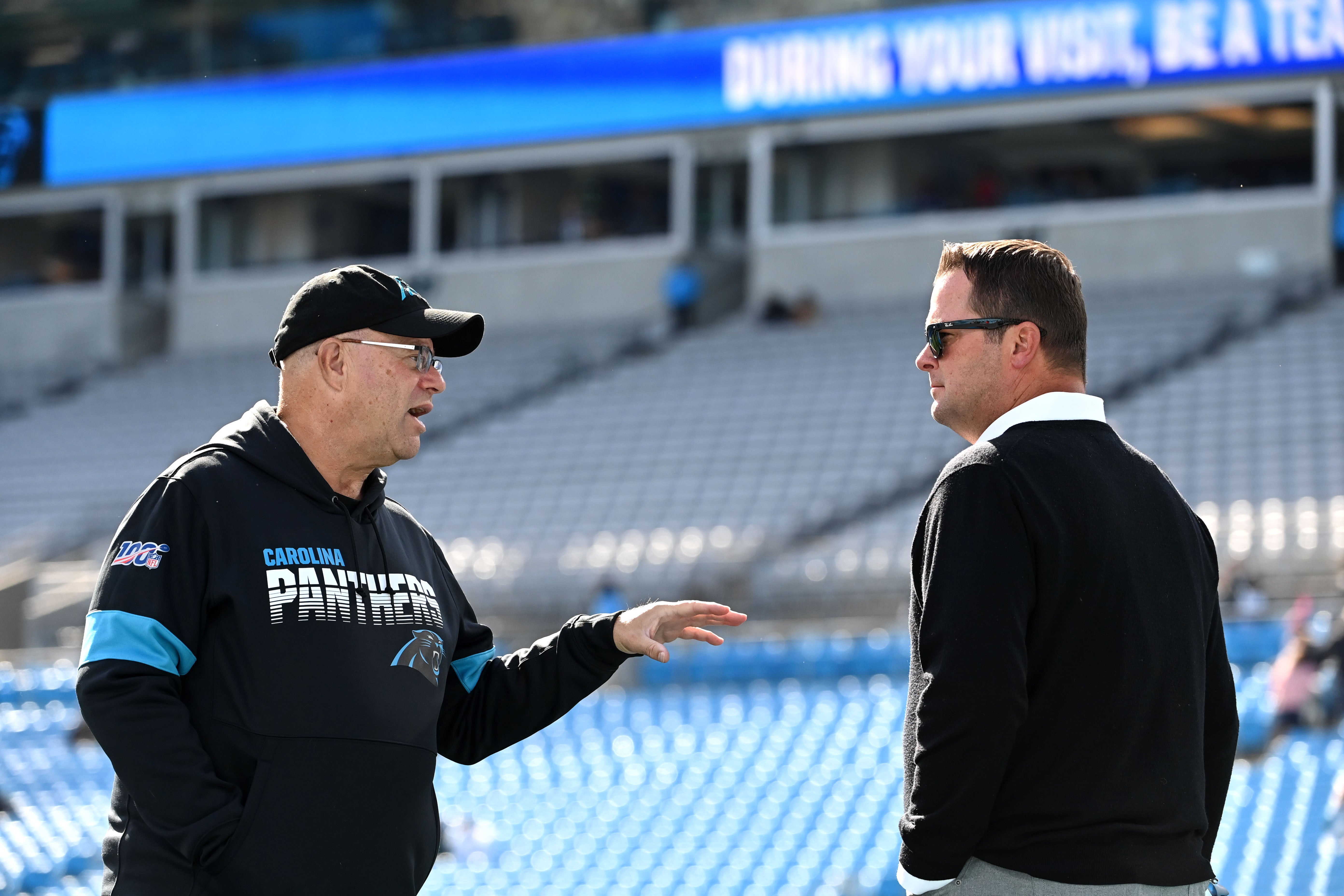 Nov 7, 2021; Charlotte, North Carolina, USA; Carolina Panthers owner David Tepper with general manager Scott Fitterer before the game at Bank of America Stadium. Mandatory Credit: Bob Donnan-USA TODAY Sports