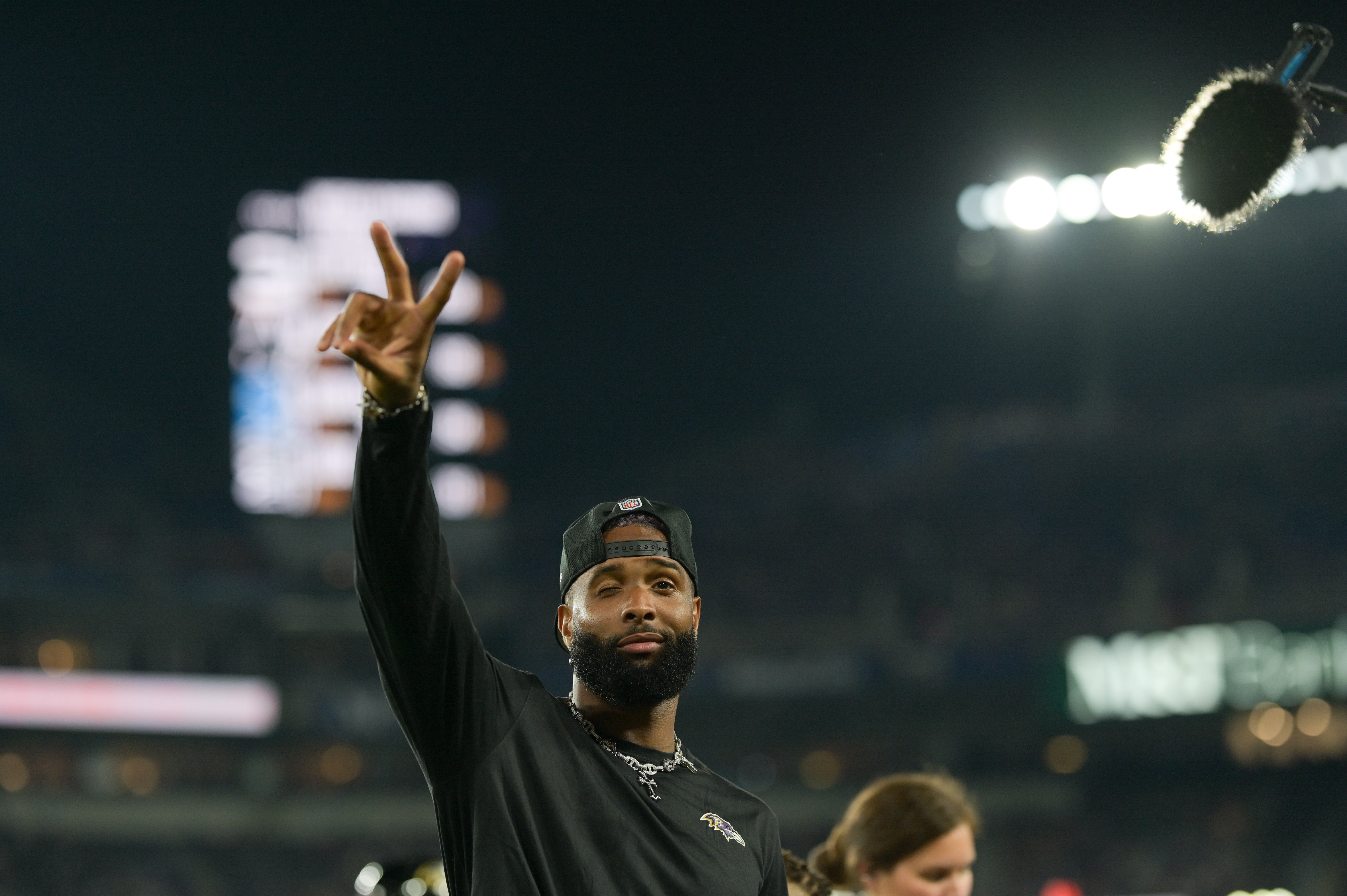 Aug 12, 2023; Baltimore, Maryland, USA; Baltimore Ravens wide receiver Odell Beckham Jr. (3) waves to the crowd during the second half against the Philadelphia Eagles at M&T Bank Stadium. Mandatory Credit: Tommy Gilligan-USA TODAY Sports