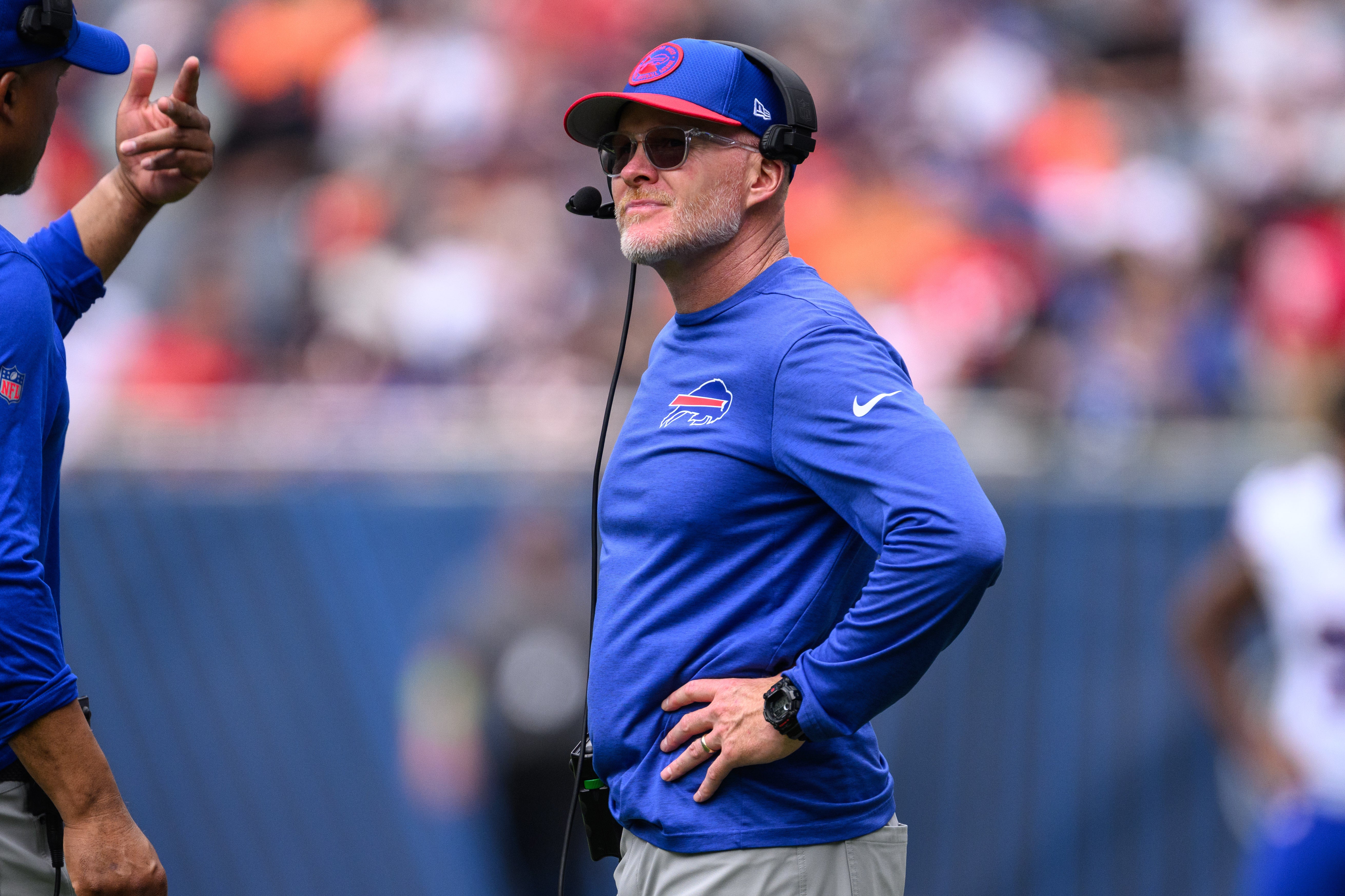 Buffalo Bills head coach Sean McDermott looks on during the second quarter against the Chicago Bears at Soldier Field. Mandatory Credit: Daniel Bartel-USA TODAY Sports
