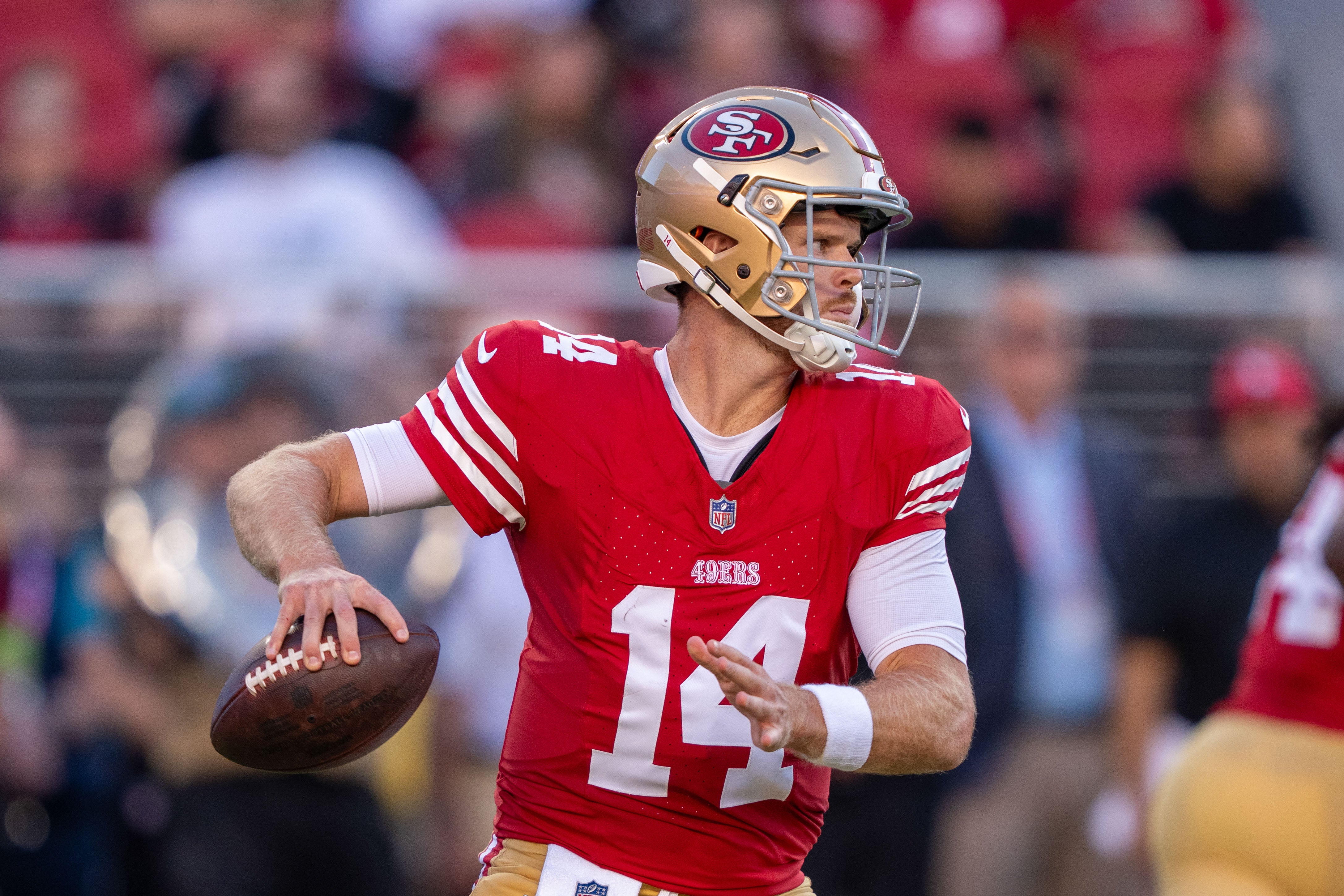 August 19, 2023; Santa Clara, California, USA; San Francisco 49ers quarterback Sam Darnold (14) during the second quarter against the Denver Broncos at Levi's Stadium. Mandatory Credit: Kyle Terada-USA TODAY Sports
