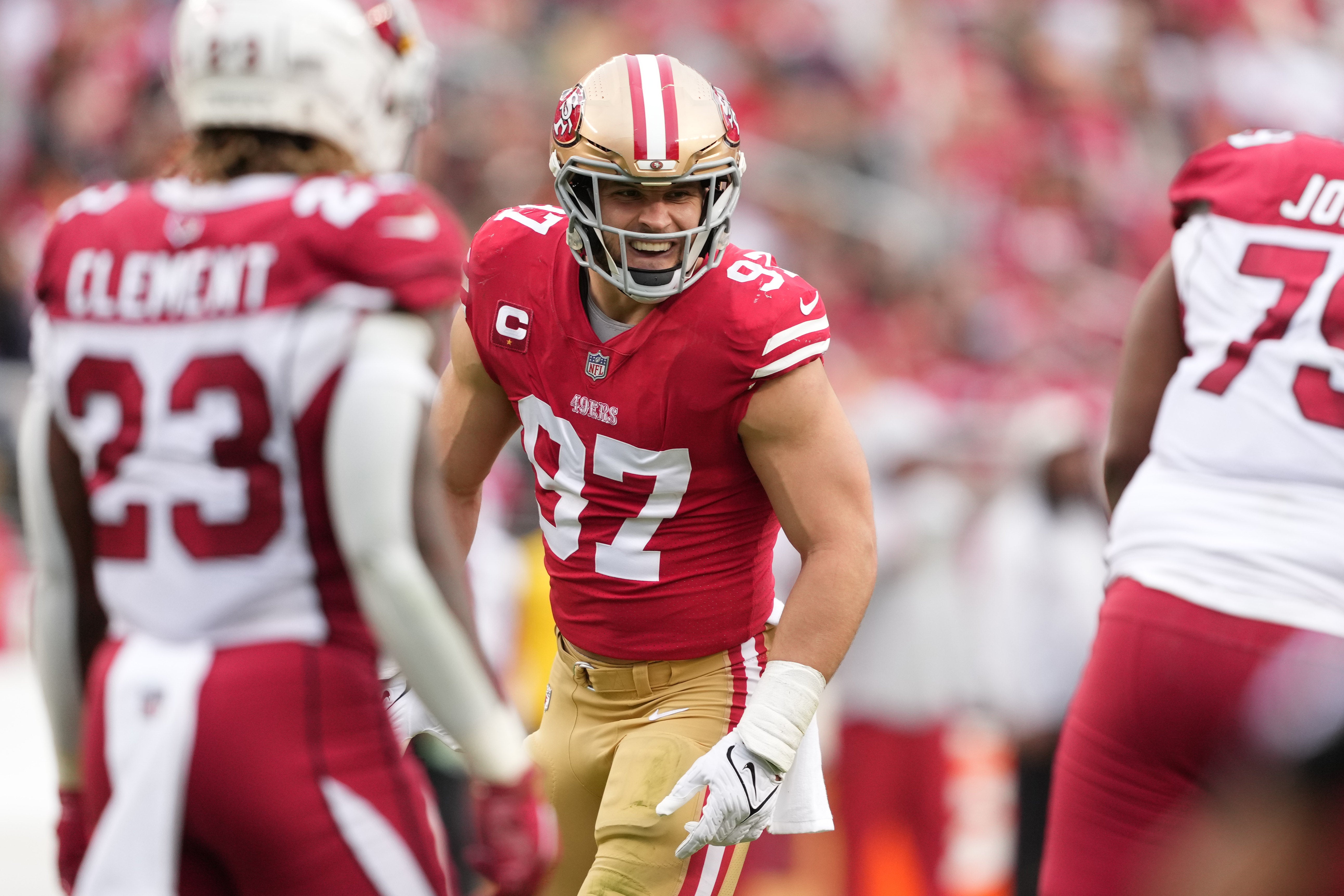 Jan 8, 2023; Santa Clara, California, USA; San Francisco 49ers defensive end Nick Bosa (97) lines up before a snap during the third quarter against the Arizona Cardinals at Levi's Stadium. Mandatory Credit: Darren Yamashita-USA TODAY Sports
