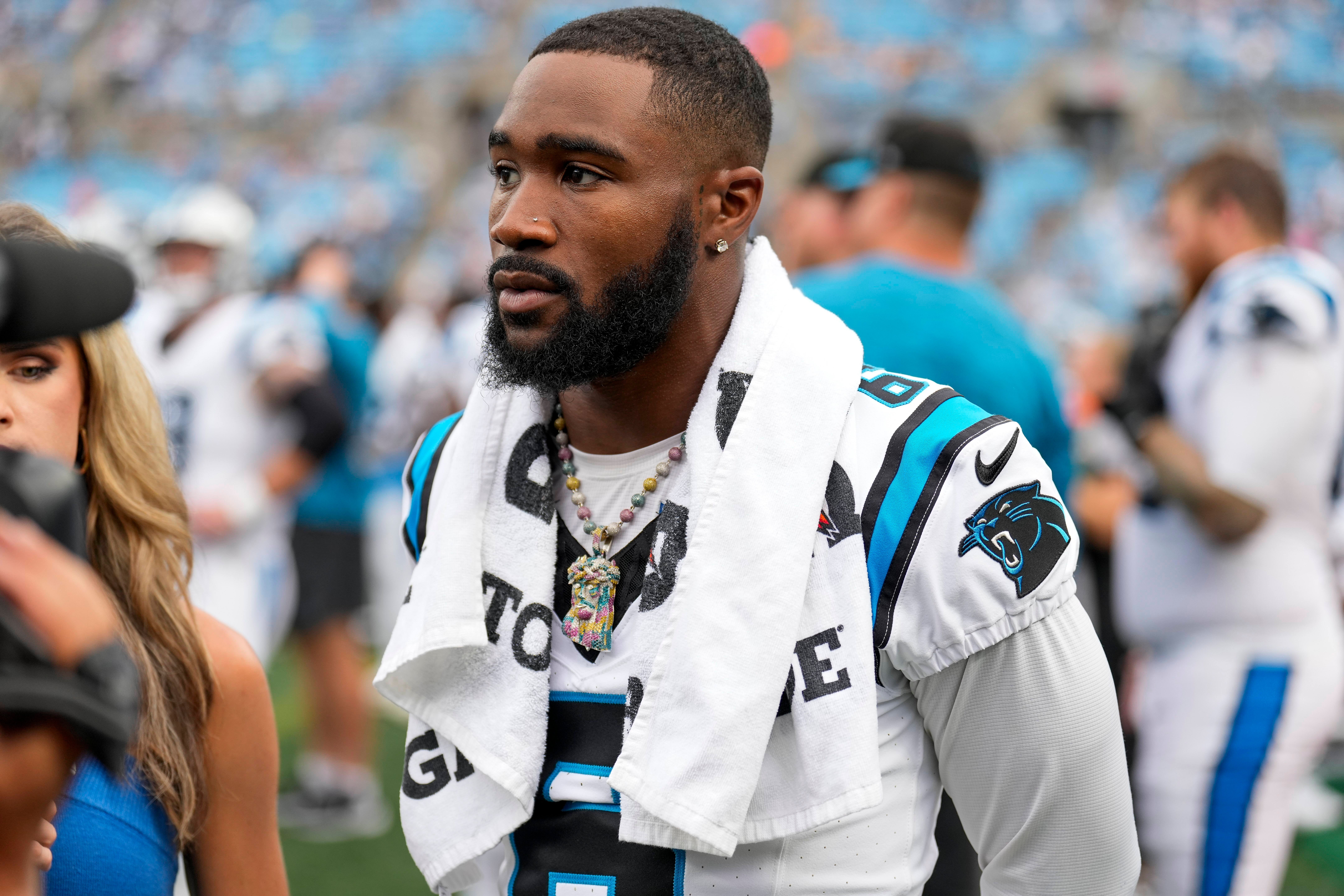 Aug 12, 2023; Charlotte, North Carolina, USA; Carolina Panthers running back Miles Sanders (6) during the second half against the New York Jets at Bank of America Stadium. Mandatory Credit: Jim Dedmon-USA TODAY Sports