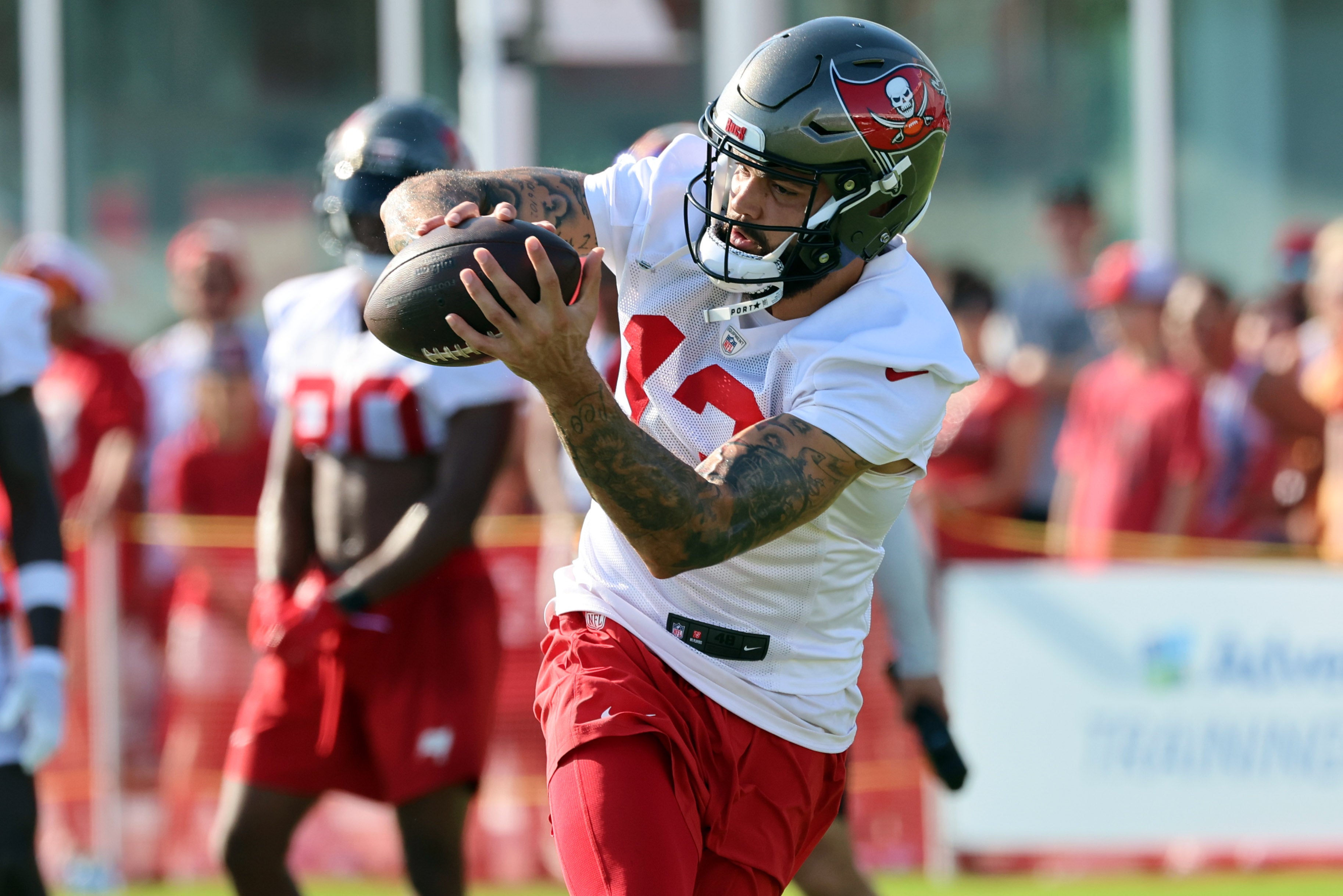 Jul 30, 2023; Tampa, FL, USA; Tampa Bay Buccaneers wide receiver Mike Evans (13) works out during training camp at AdventHealth Training Center. Mandatory Credit: Kim Klement-USA TODAY Sports