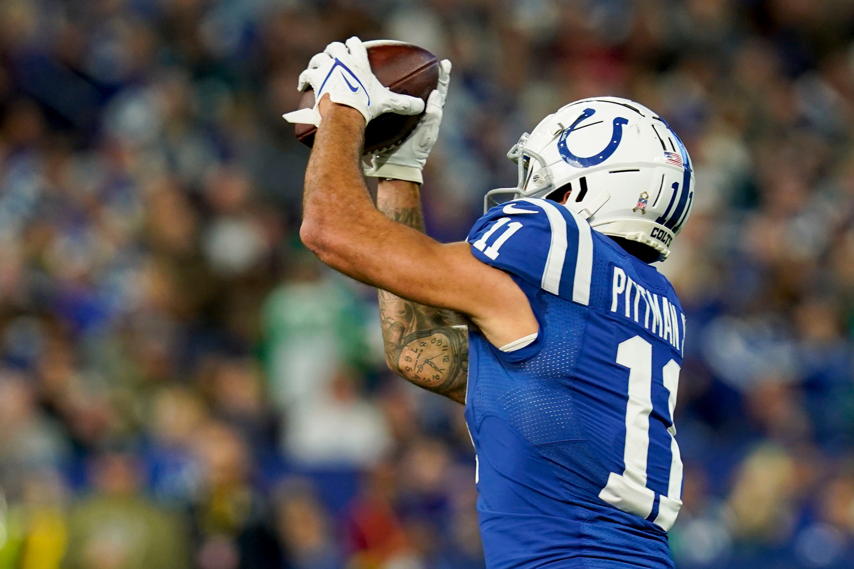 Indianapolis Colts wide receiver Michael Pittman Jr. (11) makes a catch Sunday, Nov. 20, 2022, during a game against the Philadelphia Eagles at Lucas Oil Stadium in Indianapolis.