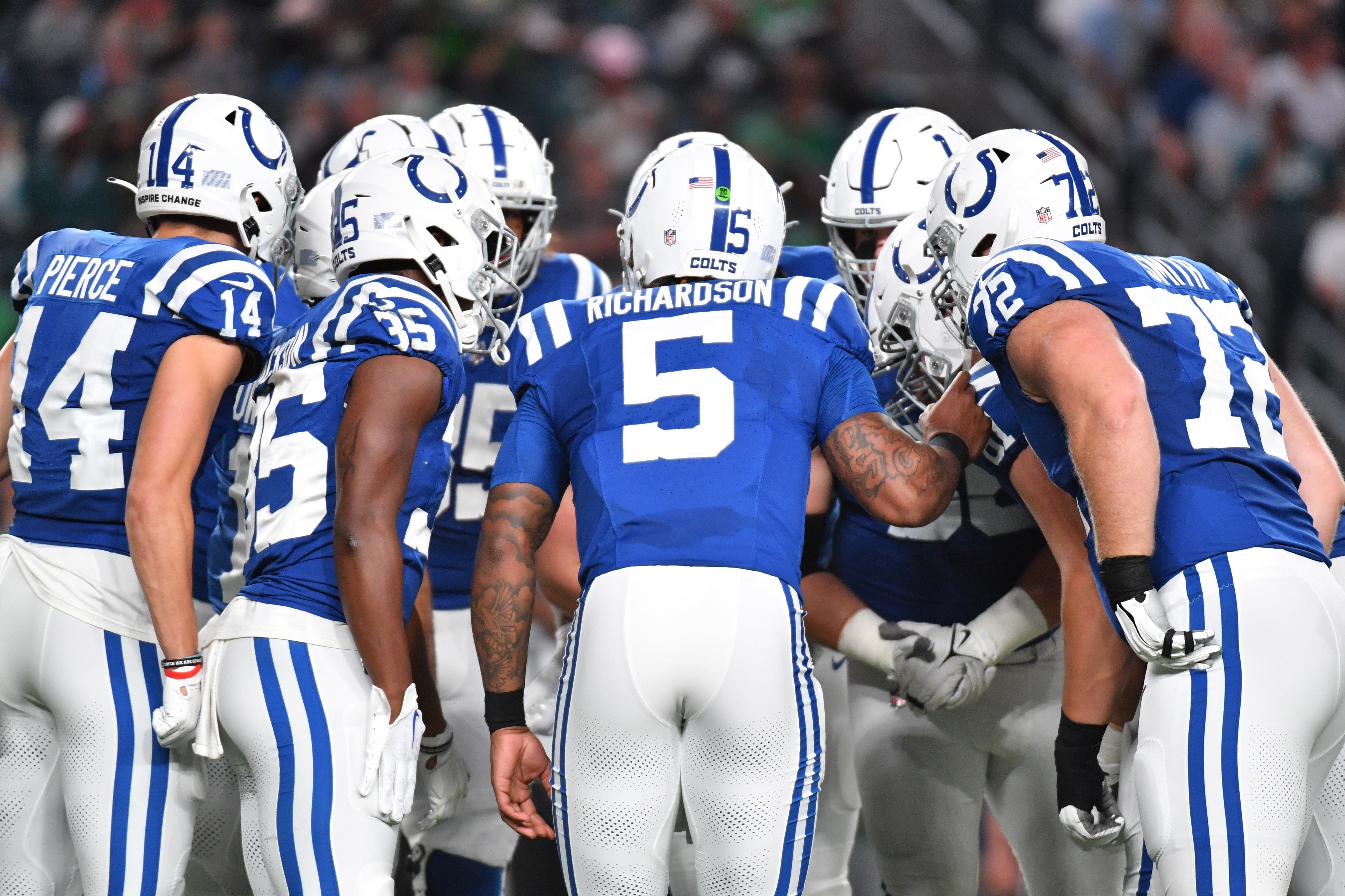 Aug 24, 2023; Philadelphia, Pennsylvania, USA; Indianapolis Colts quarterback Anthony Richardson (5) in the huddle against the Philadelphia Eagles at Lincoln Financial Field.