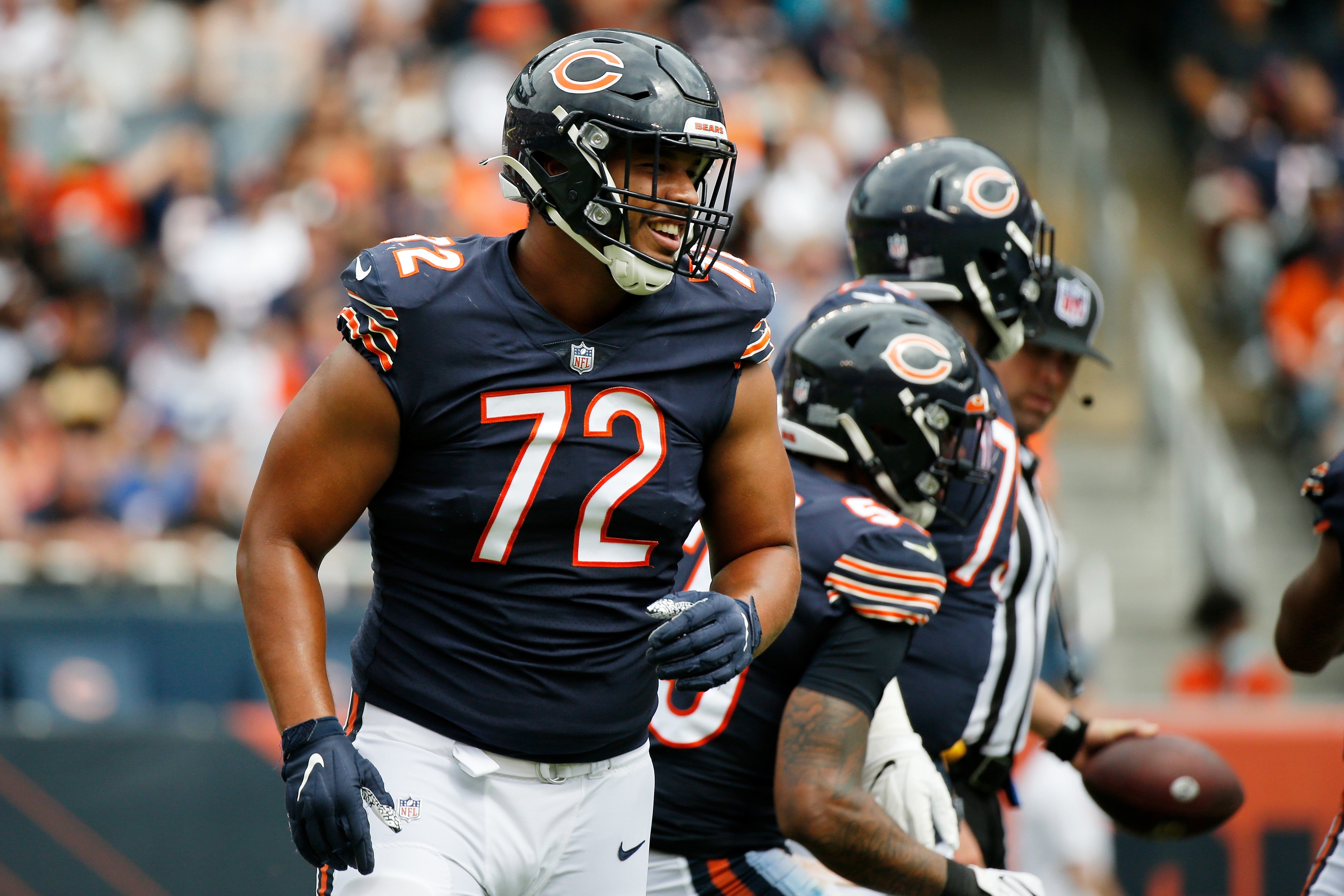 Aug 21, 2021; Chicago, Illinois, USA; Chicago Bears offensive lineman Tyrone Wheatley Jr. (72) reacts after a play against the Buffalo Bill during the second half at Soldier Field.