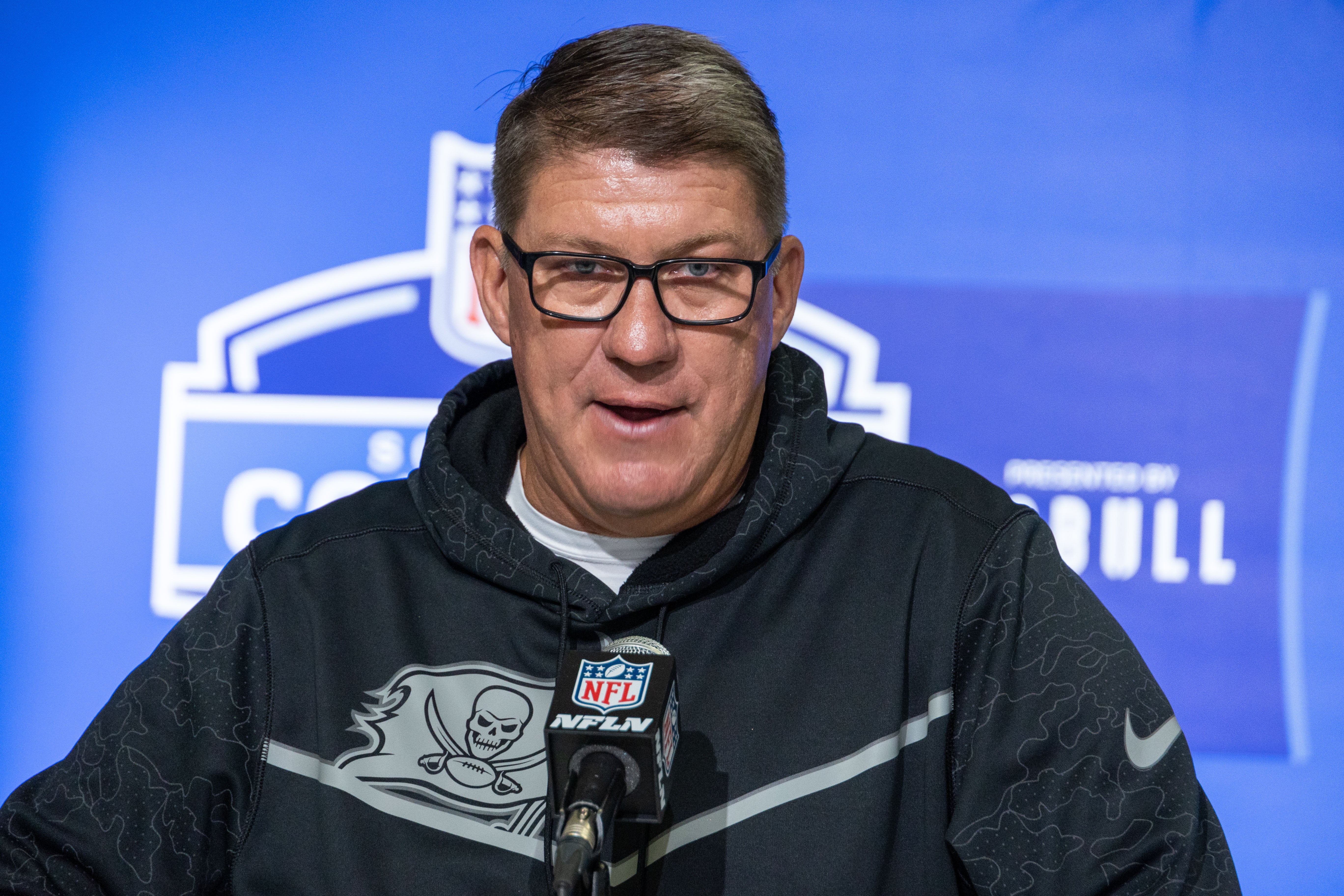 Feb 28, 2023; Indianapolis, IN, USA; Tampa Bay Buccaneers general manager Jason Licht speaks to the press at the NFL Combine at Lucas Oil Stadium. Mandatory Credit: Trevor Ruszkowski-USA TODAY Sports