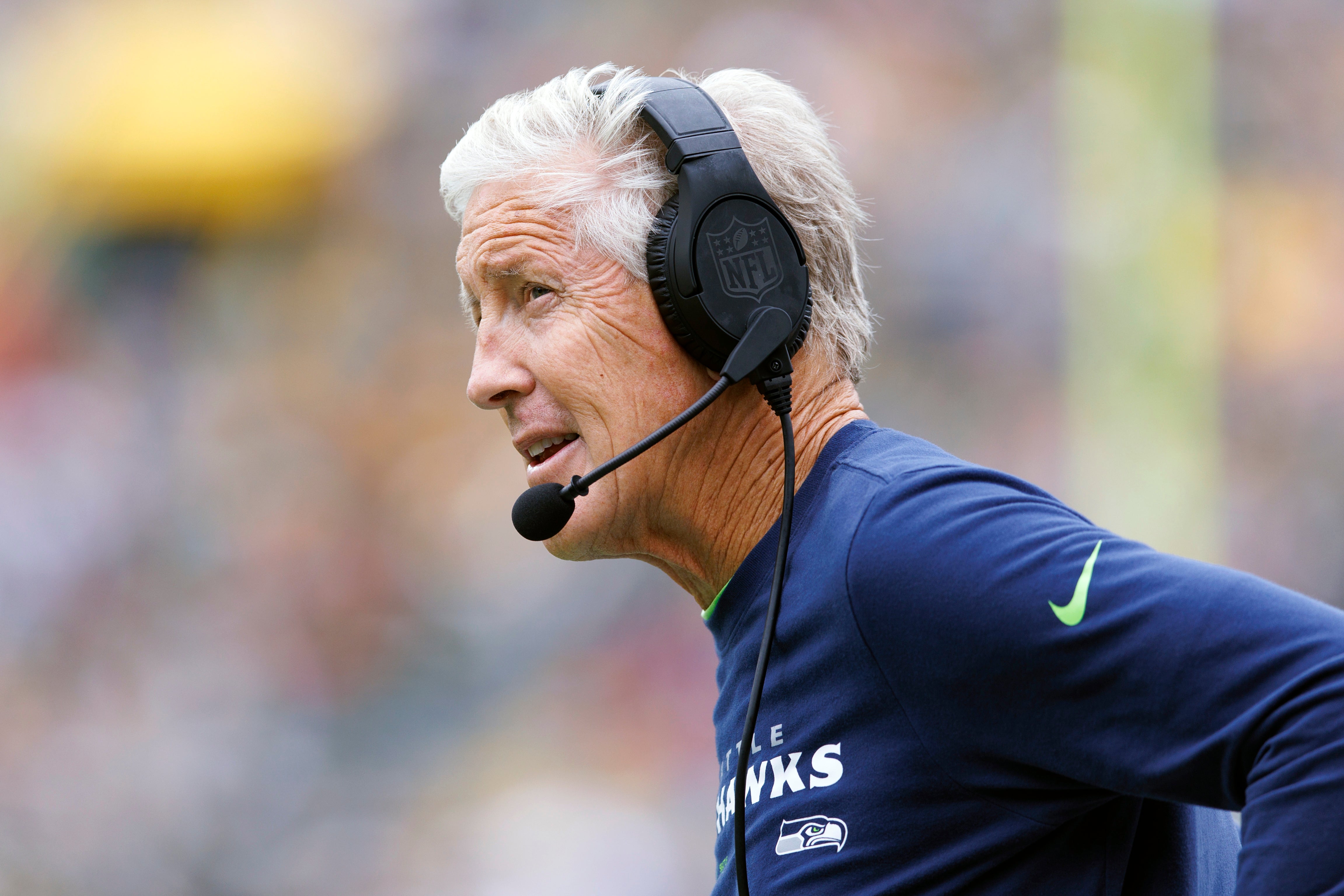 Aug 26, 2023; Green Bay, Wisconsin, USA; Seattle Seahawks head coach Pete Carroll during the game against the Green Bay Packers at Lambeau Field. Mandatory Credit: Jeff Hanisch-USA TODAY Sports