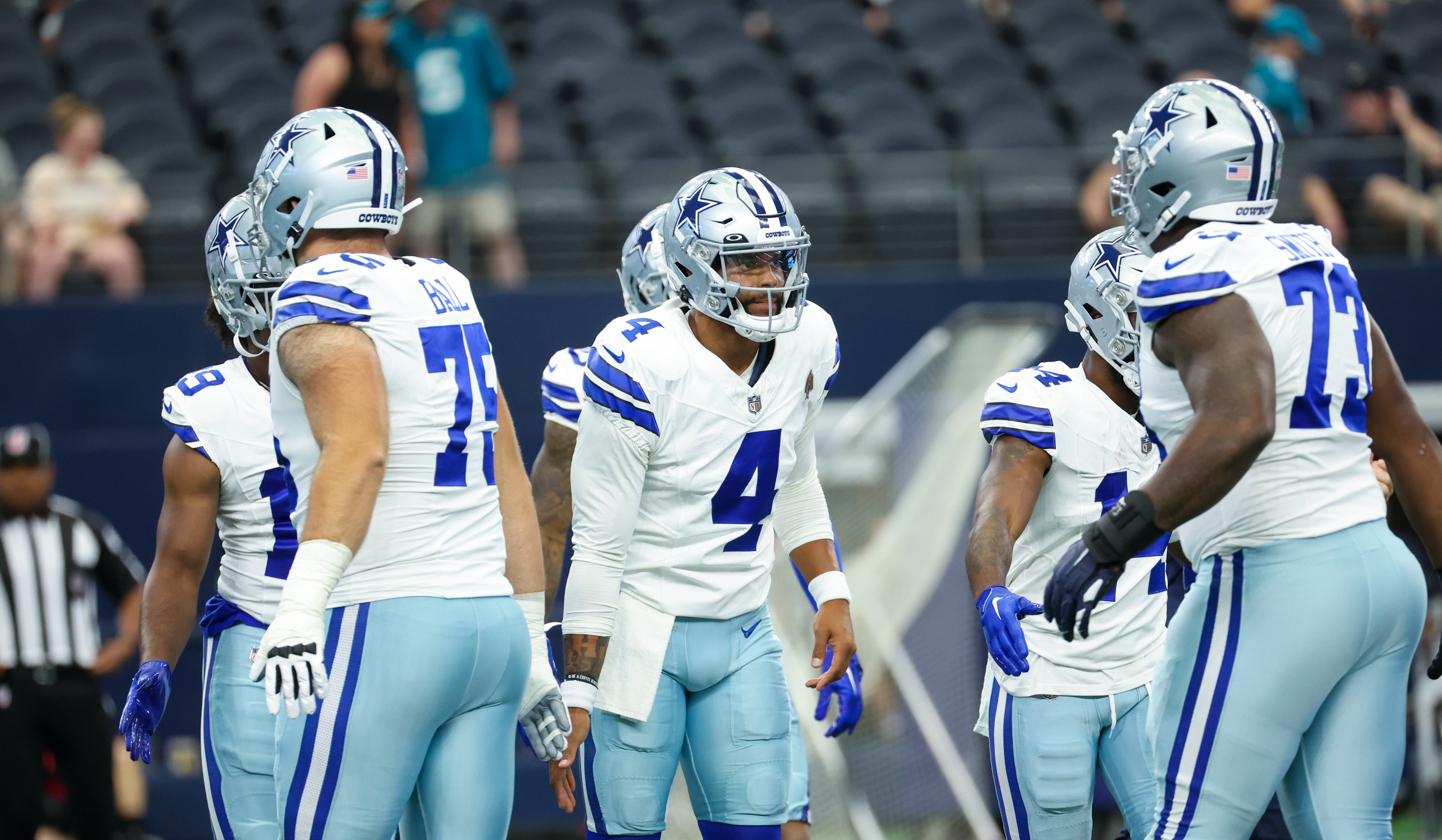 Dallas Cowboys quarterback Dak Prescott (4) greets teammates before the game against the Jacksonville Jaguars at AT&T Stadium. Mandatory Credit: Kevin Jairaj-USA TODAY Sports