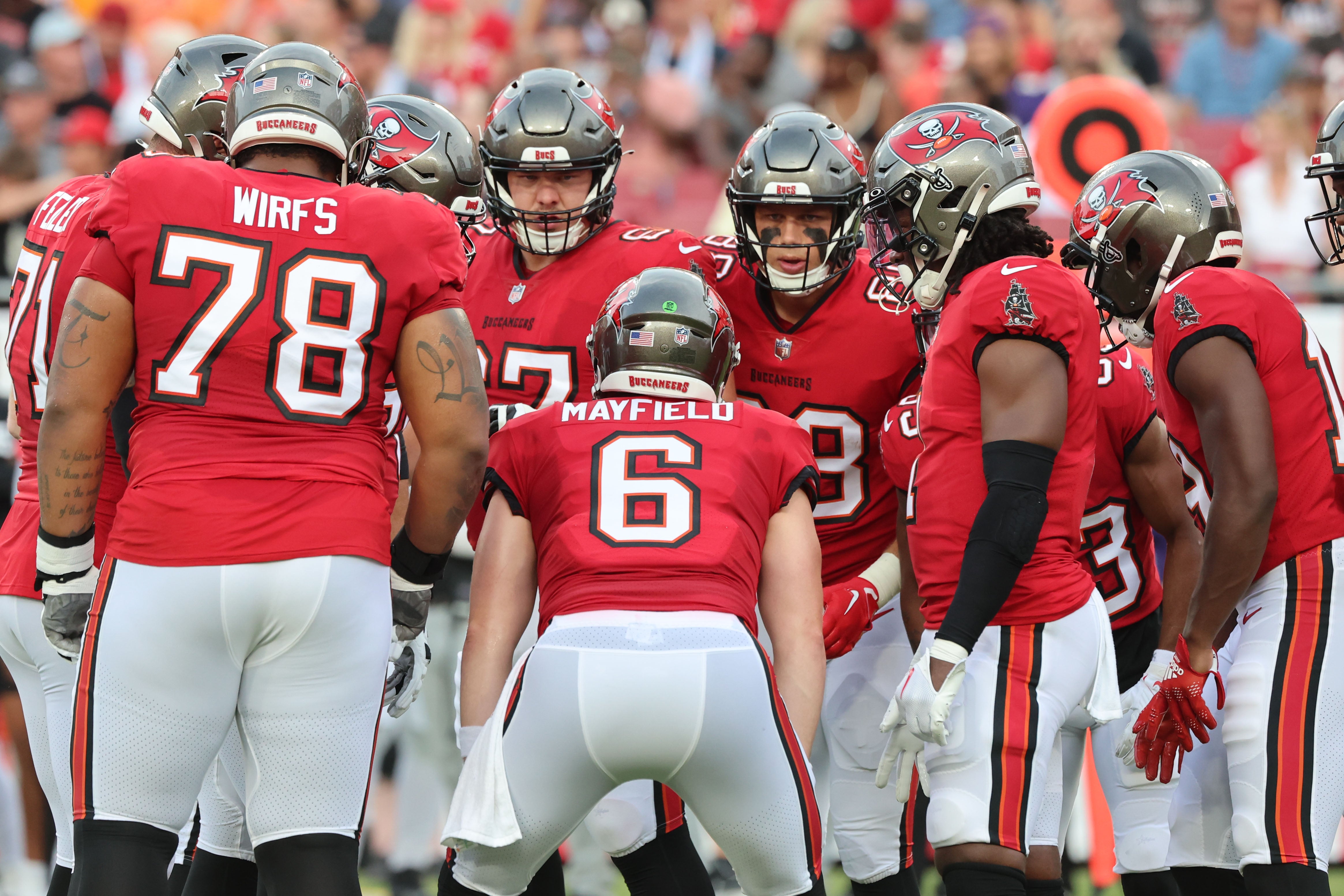 Aug 26, 2023; Tampa, Florida, USA; Tampa Bay Buccaneers quarterback Baker Mayfield (6) huddles up with offense against the Baltimore Ravens during the first quarter at Raymond James Stadium. Mandatory Credit: Kim Klement Neitzel-USA TODAY Sports