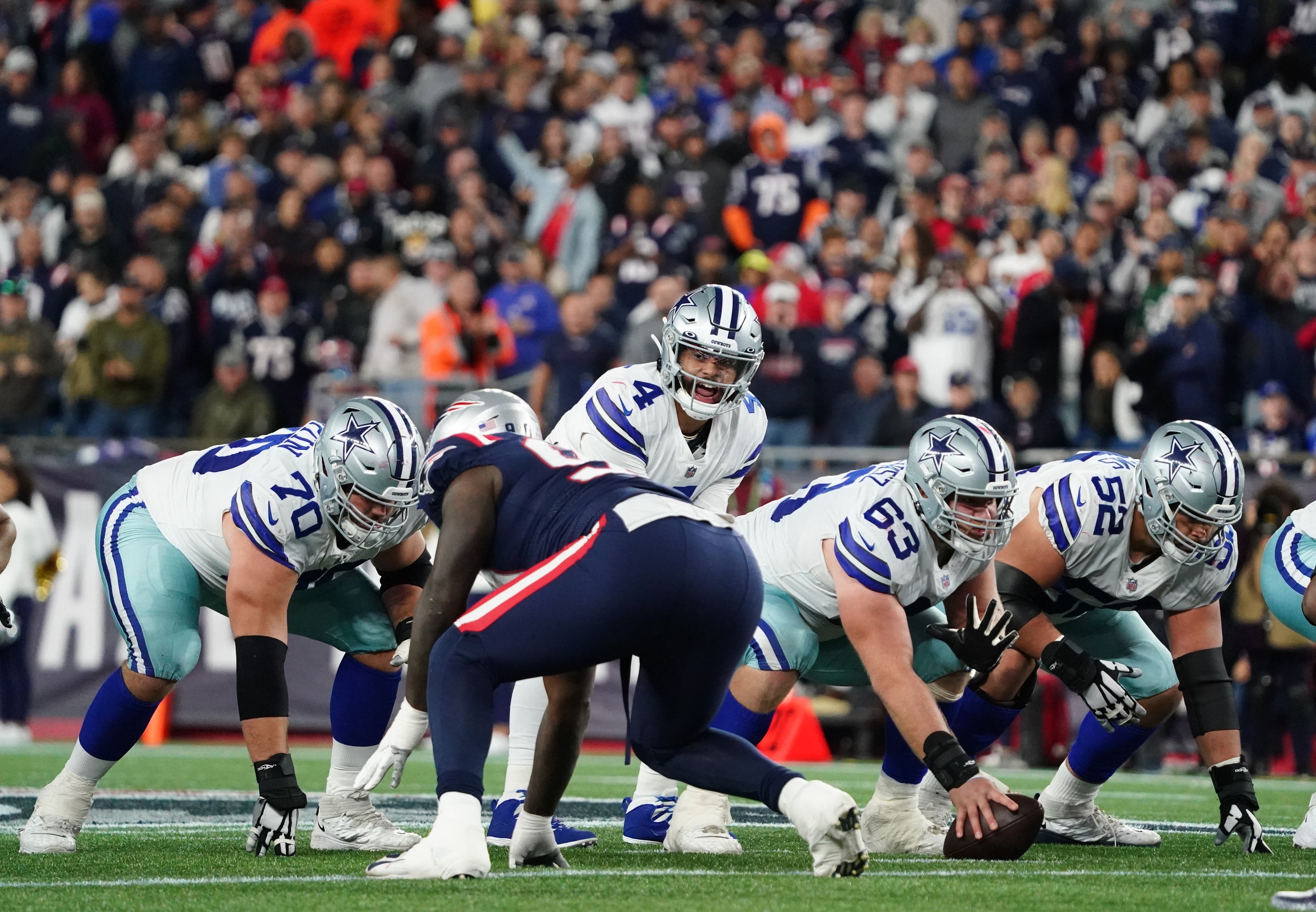 Dallas Cowboys quarterback Dak Prescott (4) takes the snap against the New England Patriots in the fourth quarter at Gillette Stadium. Mandatory Credit: David Butler II-USA TODAY Sports