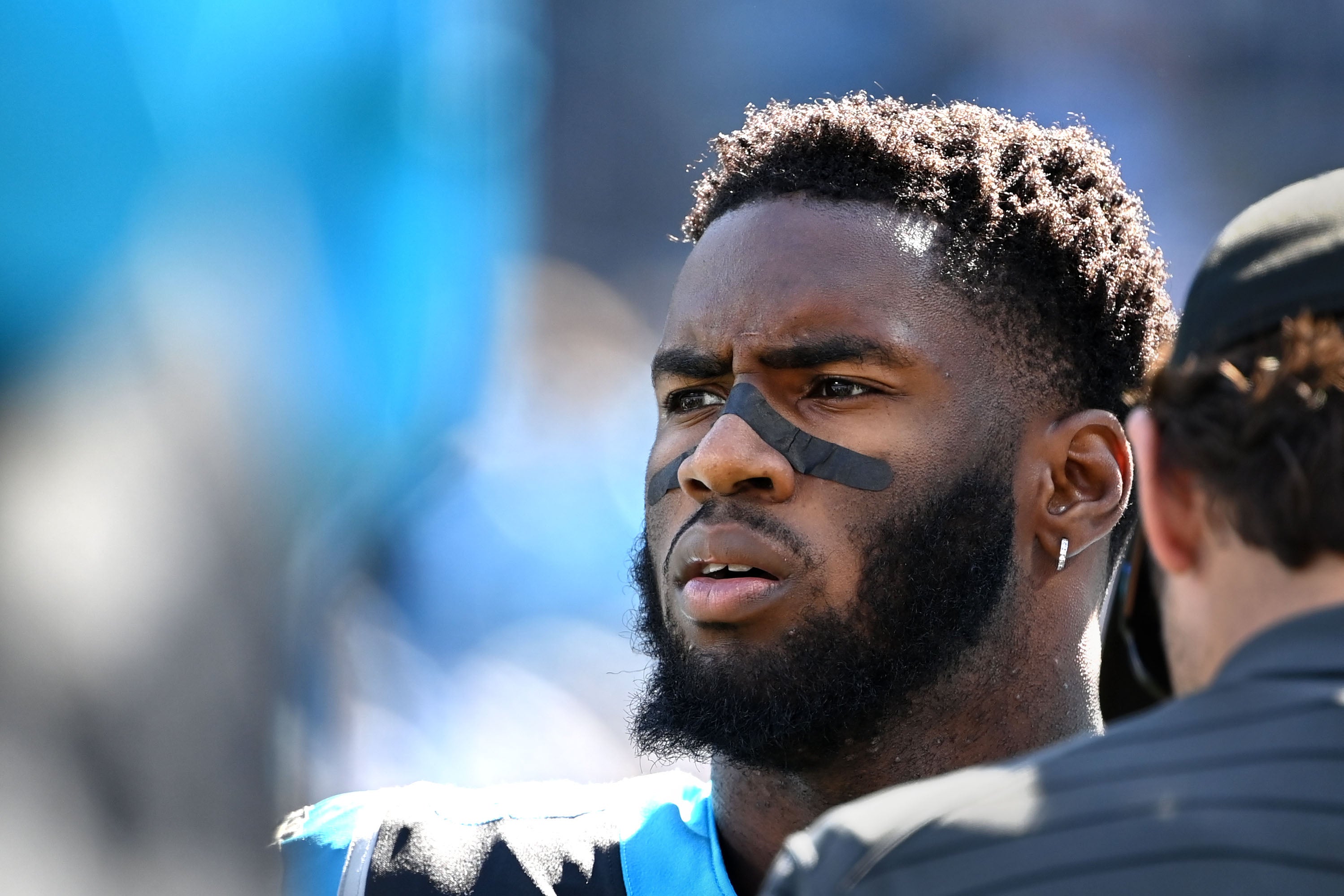 Oct 17, 2021; Charlotte, North Carolina, USA; Carolina Panthers defensive end Brian Burns (53) before the game at Bank of America Stadium. Mandatory Credit: Bob Donnan-USA TODAY Sports.