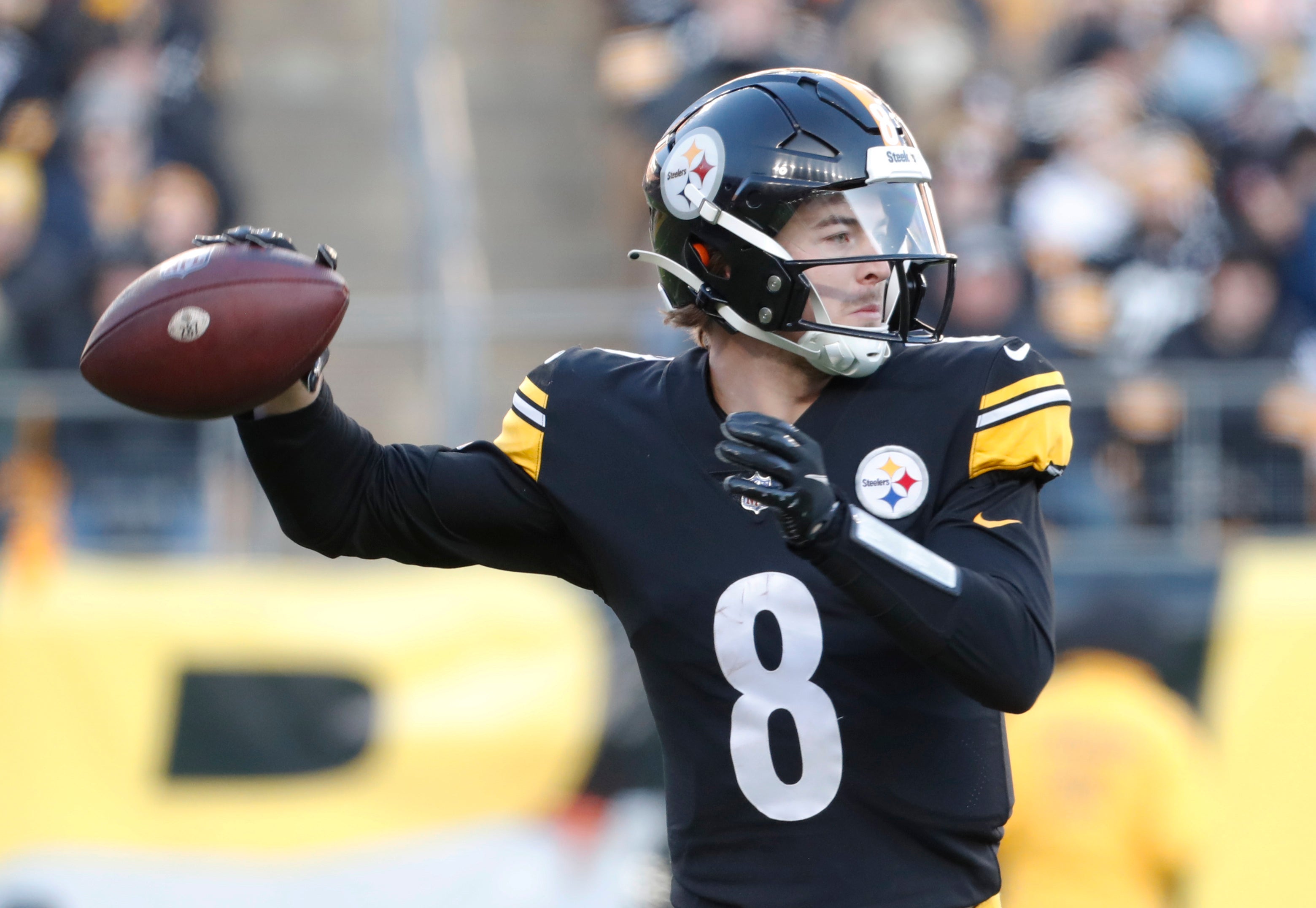 Jan 8, 2023; Pittsburgh, Pennsylvania, USA; Pittsburgh Steelers quarterback Kenny Pickett (8) passes against the Cleveland Browns during the fourth quarter at Acrisure Stadium. Pittsburgh won 28-14. Mandatory Credit: Charles LeClaire-USA TODAY Sports