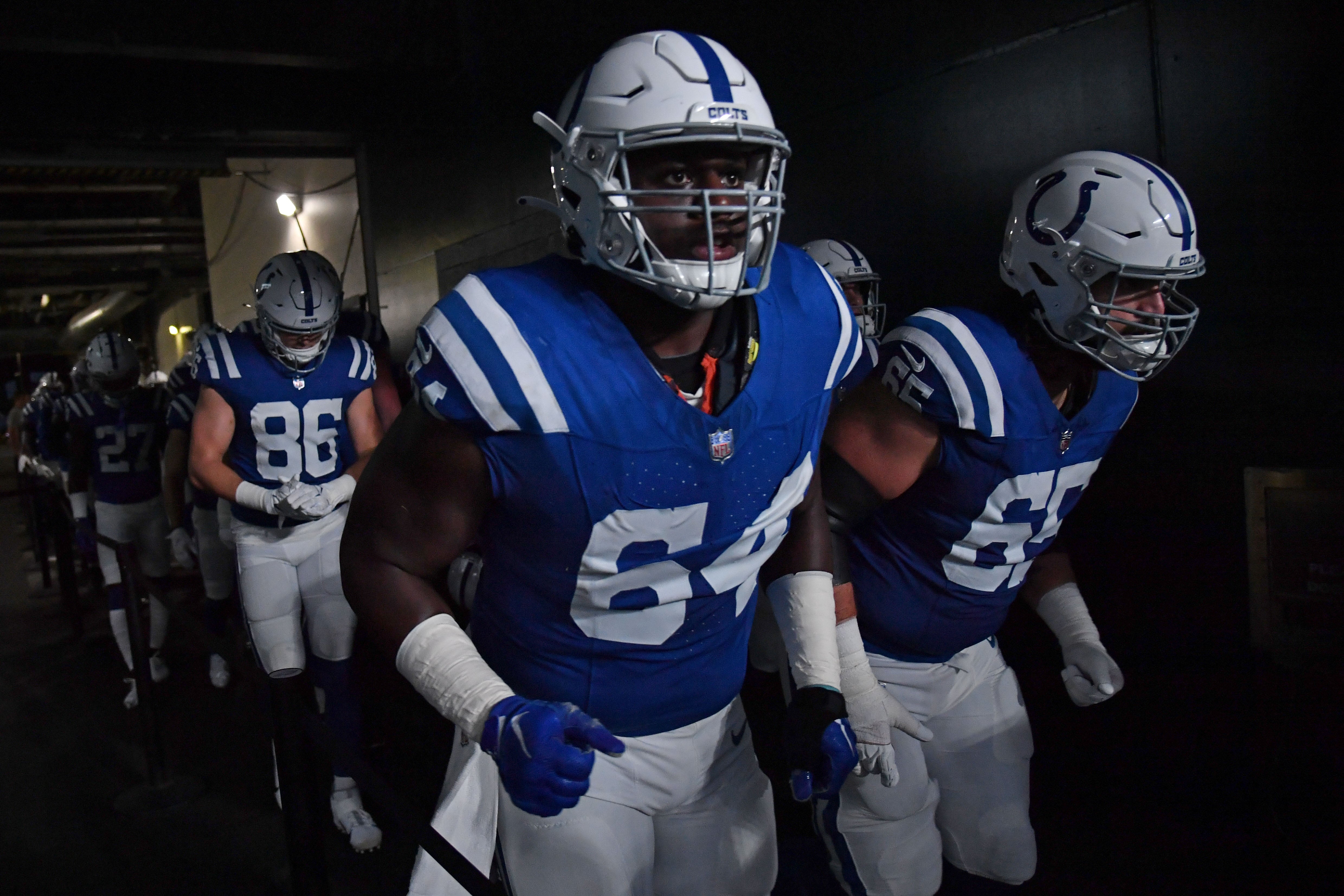 Aug 24, 2023; Philadelphia, Pennsylvania, USA; Indianapolis Colts guard Arlington Hambright (64) and center Dakoda Shepley (65) in the tunnel against the Philadelphia Eagles at Lincoln Financial Field.