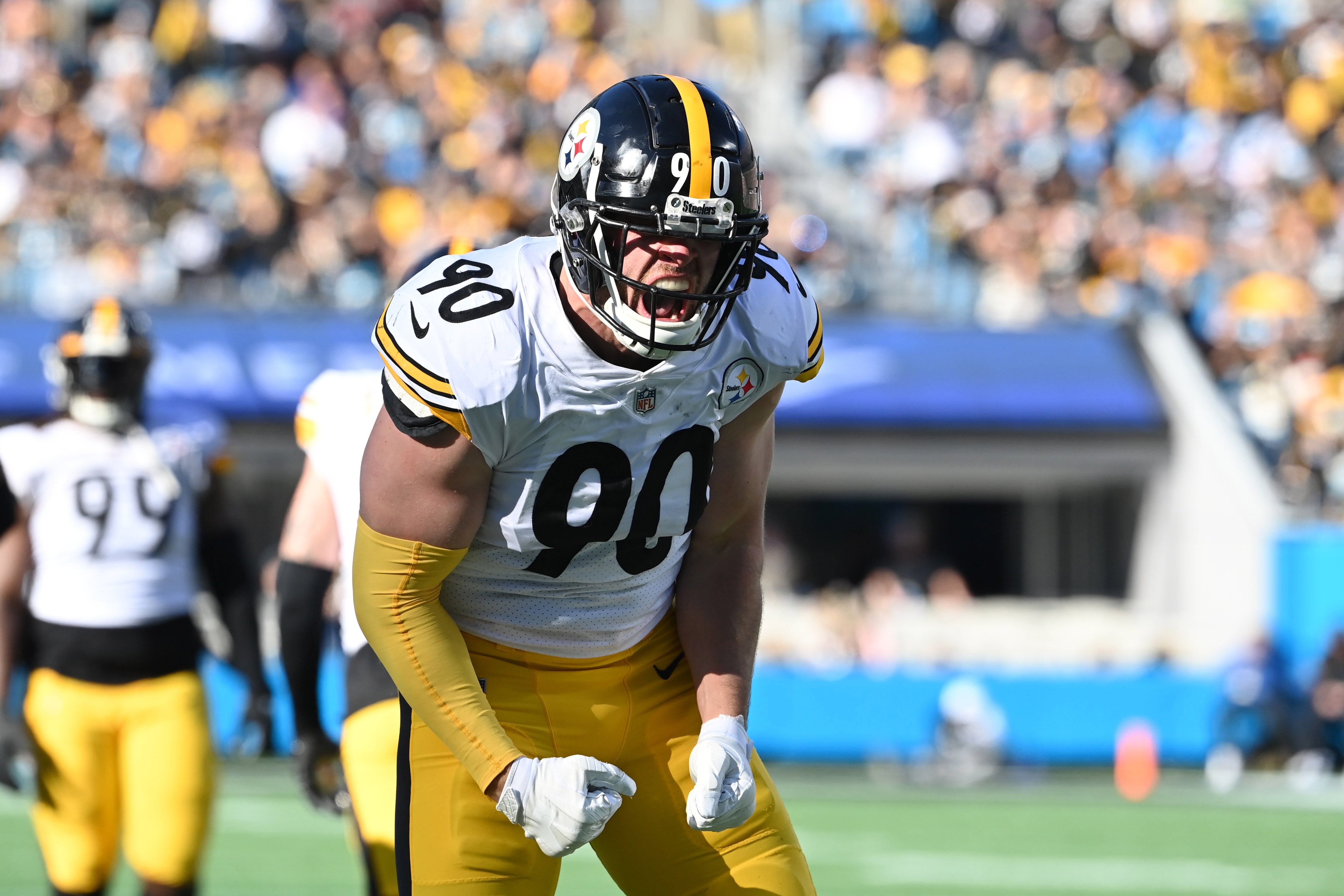 Dec 18, 2022; Charlotte, North Carolina, USA; Pittsburgh Steelers linebacker T.J. Watt (90) reacts after a sack in the second quarter at Bank of America Stadium. Mandatory Credit: Bob Donnan-USA TODAY Sports