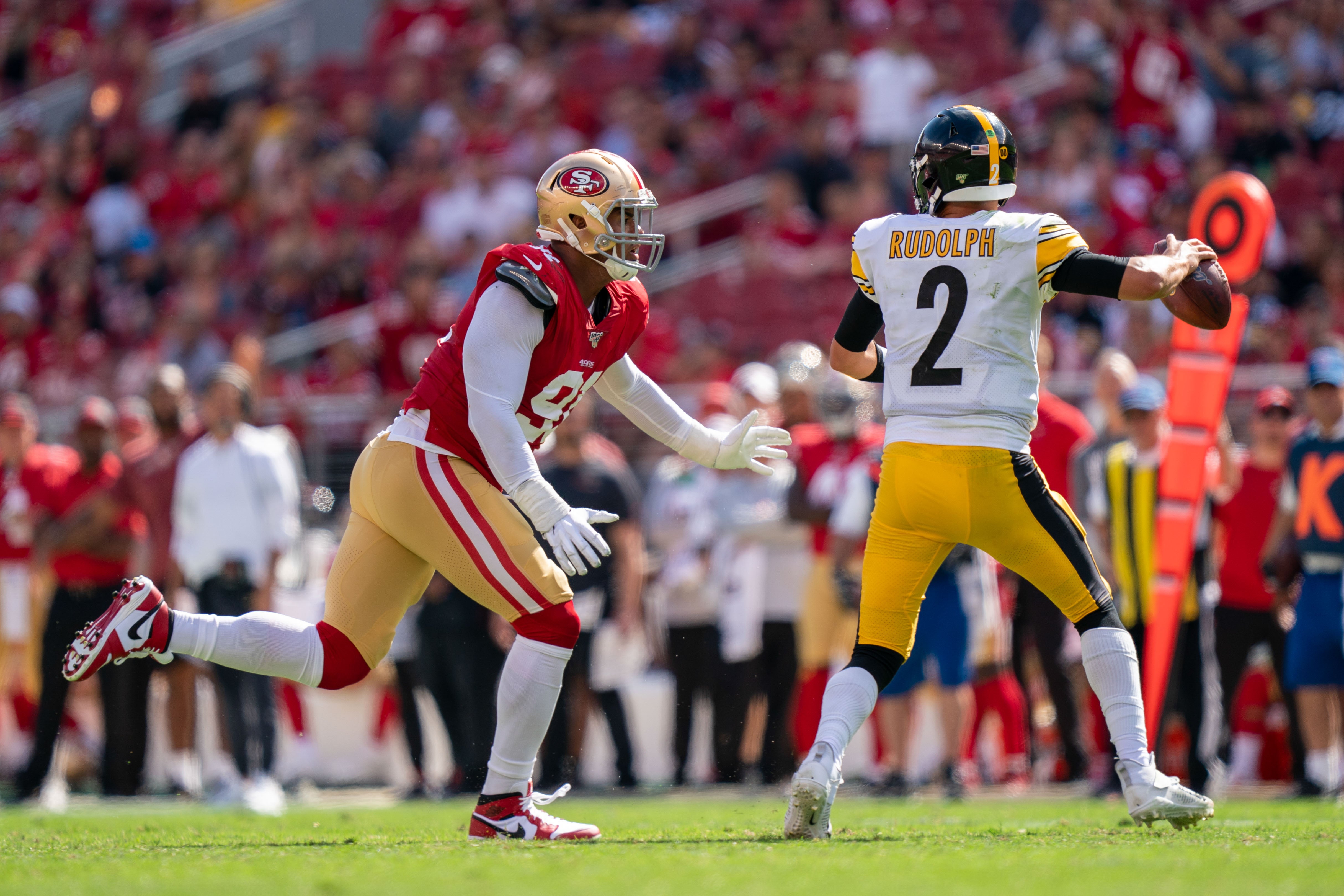 September 22, 2019; Santa Clara, CA, USA; San Francisco 49ers defensive end Arik Armstead (91) rushes against Pittsburgh Steelers quarterback Mason Rudolph (2) during the third quarter at Levi's Stadium. Mandatory Credit: Kyle Terada-USA TODAY Sports