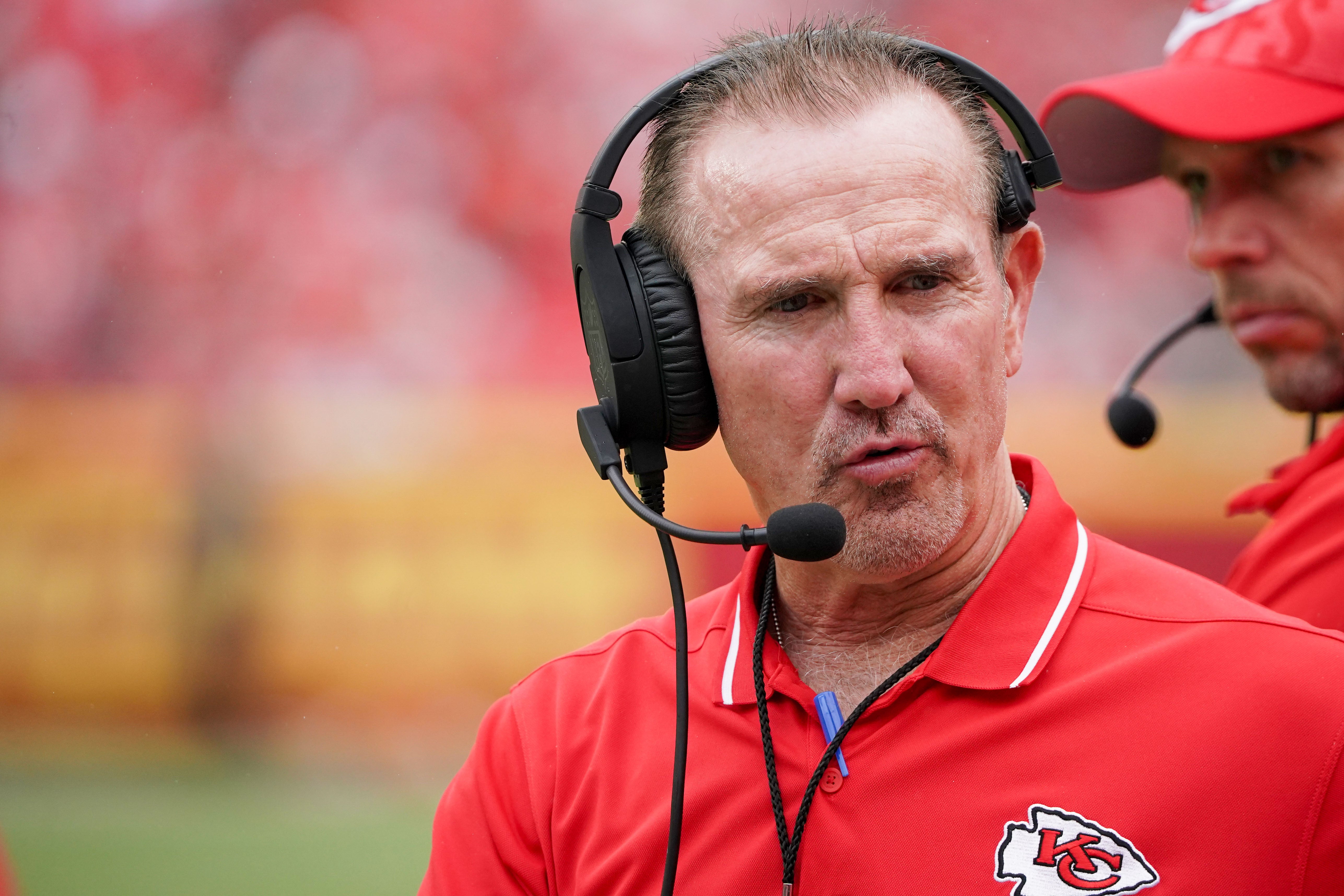 Aug 26, 2023; Kansas City, Missouri, USA; Kansas City Chiefs defensive coordinator Steve Spagnuolo on the sidelines against the Cleveland Browns during the game at GEHA Field at Arrowhead Stadium. Denny Medley-USA TODAY Sports