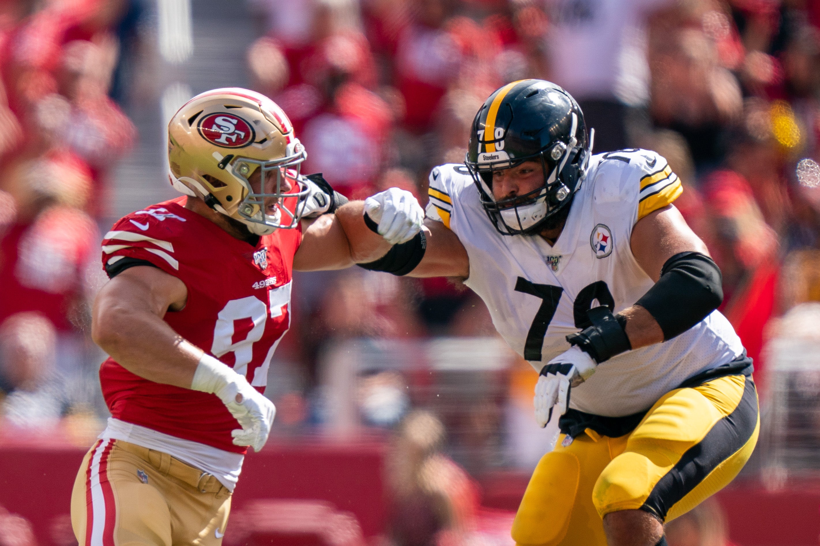 September 22, 2019; Santa Clara, CA, USA; San Francisco 49ers defensive end Nick Bosa (97) rushes against Pittsburgh Steelers offensive tackle Alejandro Villanueva (78) during the second quarter at Levi's Stadium. Mandatory Credit: Kyle Terada-USA TODAY Sports