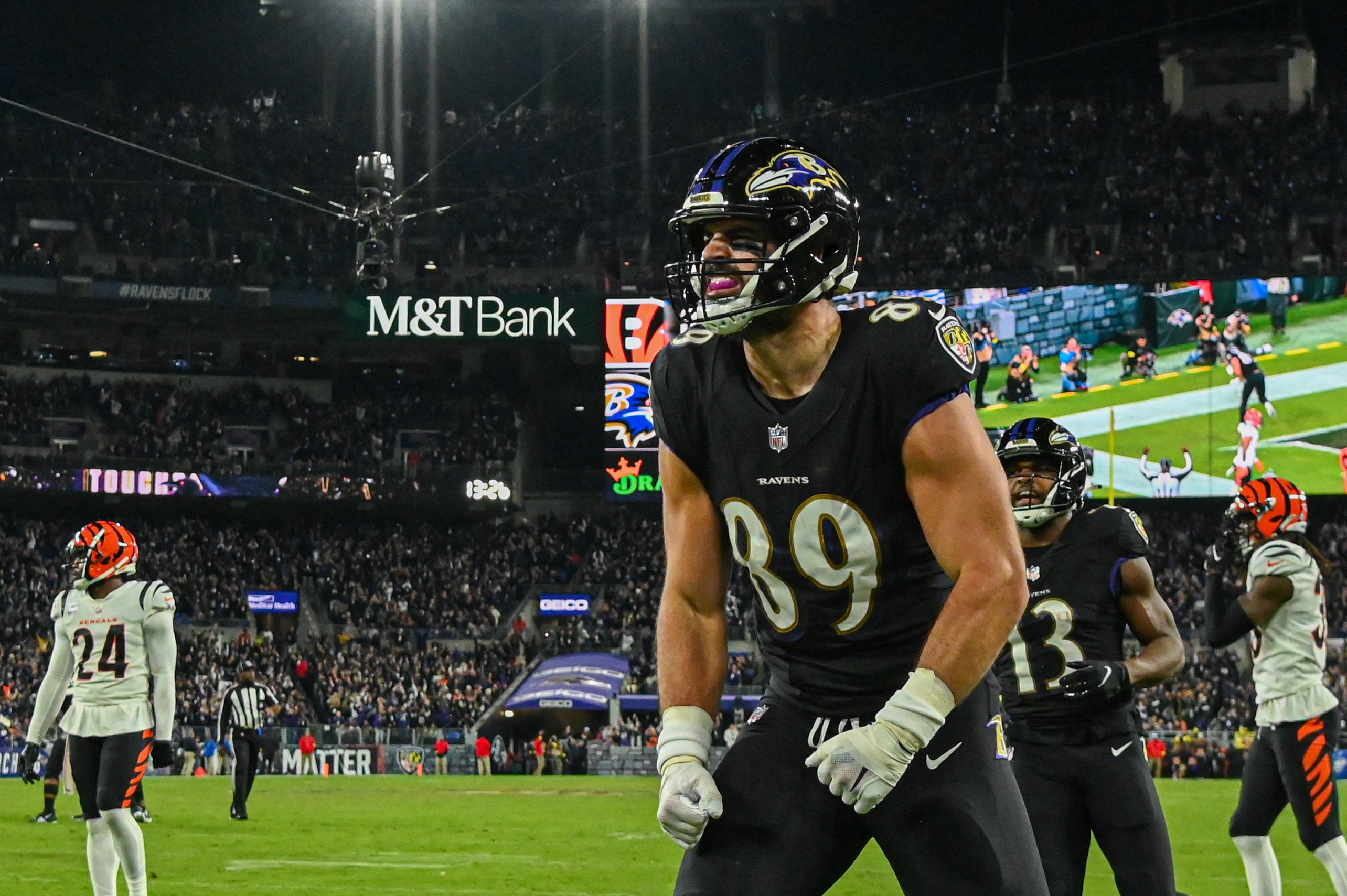Oct 9, 2022; Baltimore, Maryland, USA; Baltimore Ravens tight end Mark Andrews (89) celebrates scoring a second quarter touchdown against the Cincinnati Bengals at M&T Bank Stadium. Mandatory Credit: Tommy Gilligan-USA TODAY Sports