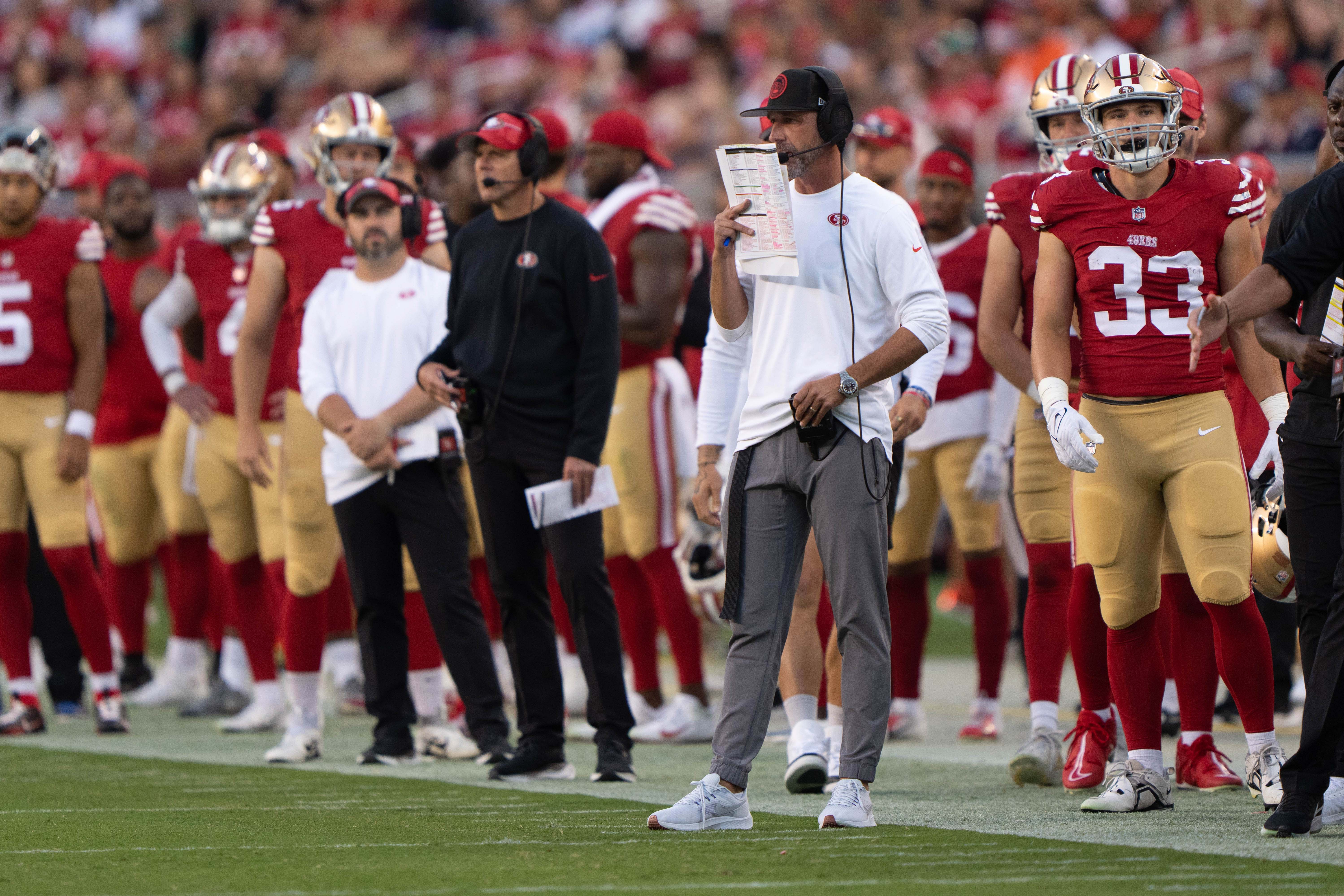 Aug 19, 2023; Santa Clara, California, USA; San Francisco 49ers head coach Kyle Shanahan during the third quarter against the Denver Broncos at Levi's Stadium. Mandatory Credit: Stan Szeto-USA TODAY Sports