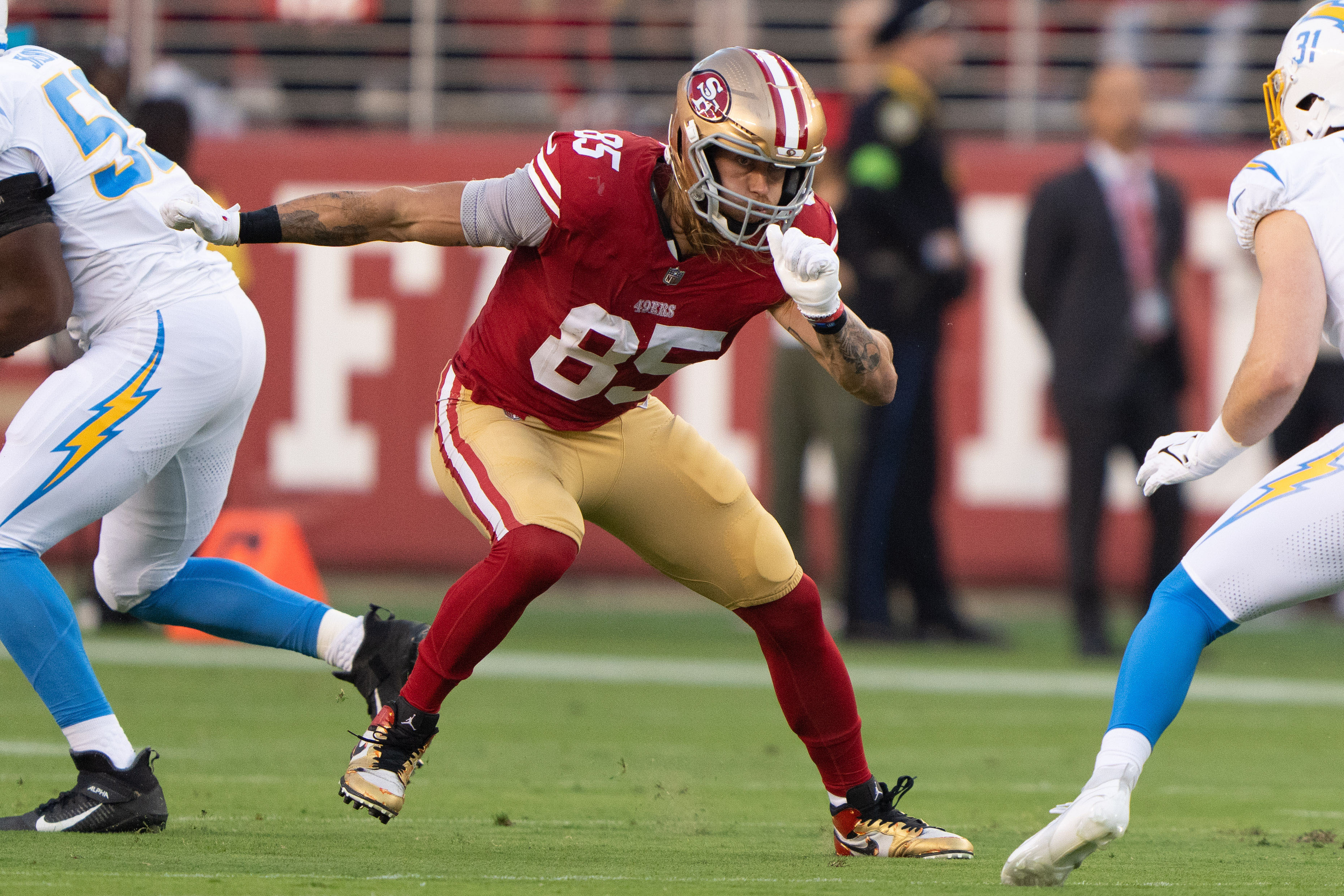 Aug 25, 2023; Santa Clara, California, USA; San Francisco 49ers tight end George Kittle (85) runs during the first quarter against the Los Angeles Chargers at Levi's Stadium. Mandatory Credit: Stan Szeto-USA TODAY Sports