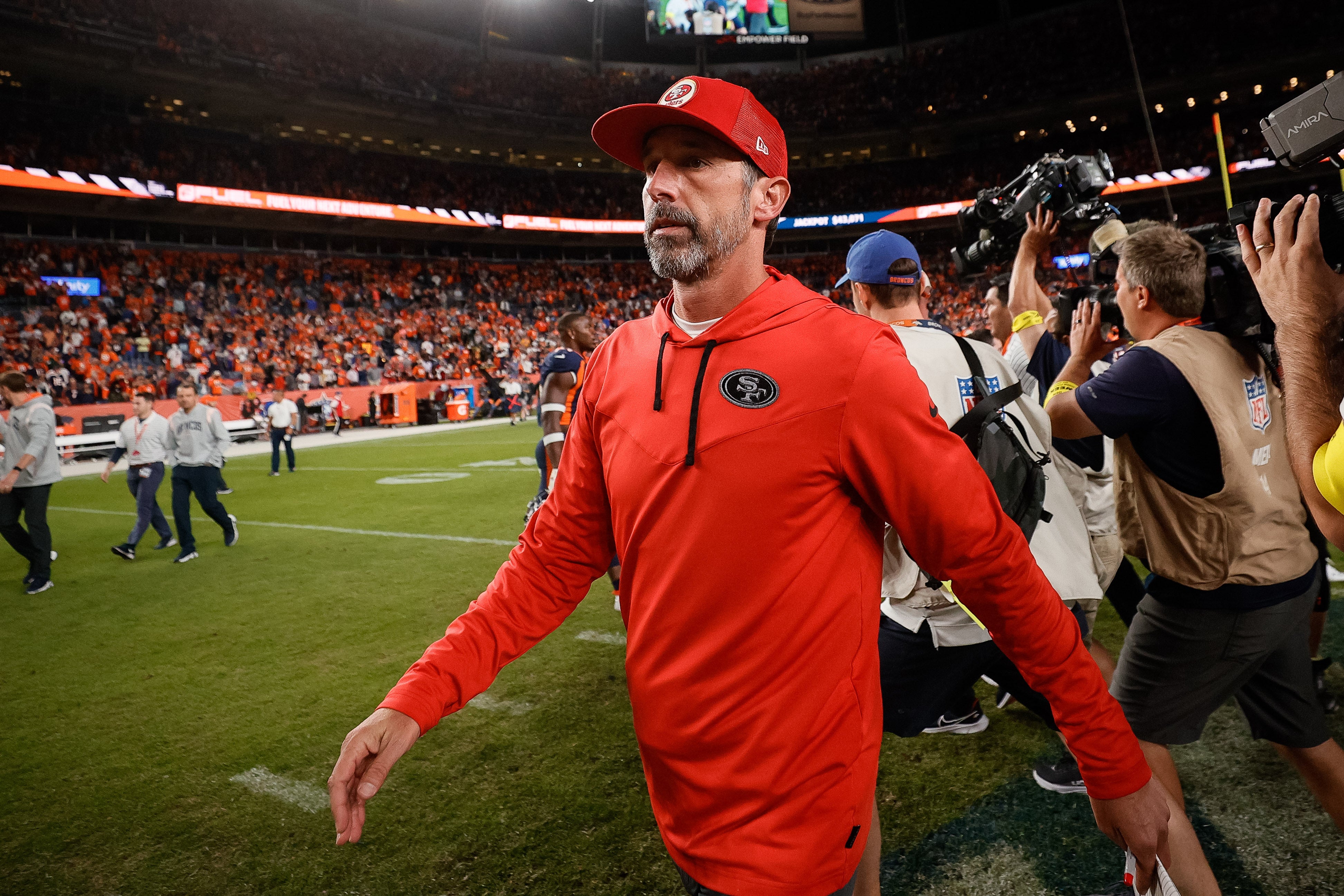 Sep 25, 2022; Denver, Colorado, USA; San Francisco 49ers head coach Kyle Shanahan after the match against the Denver Broncos at Empower Field at Mile High. Mandatory Credit: Isaiah J. Downing-USA TODAY Sports