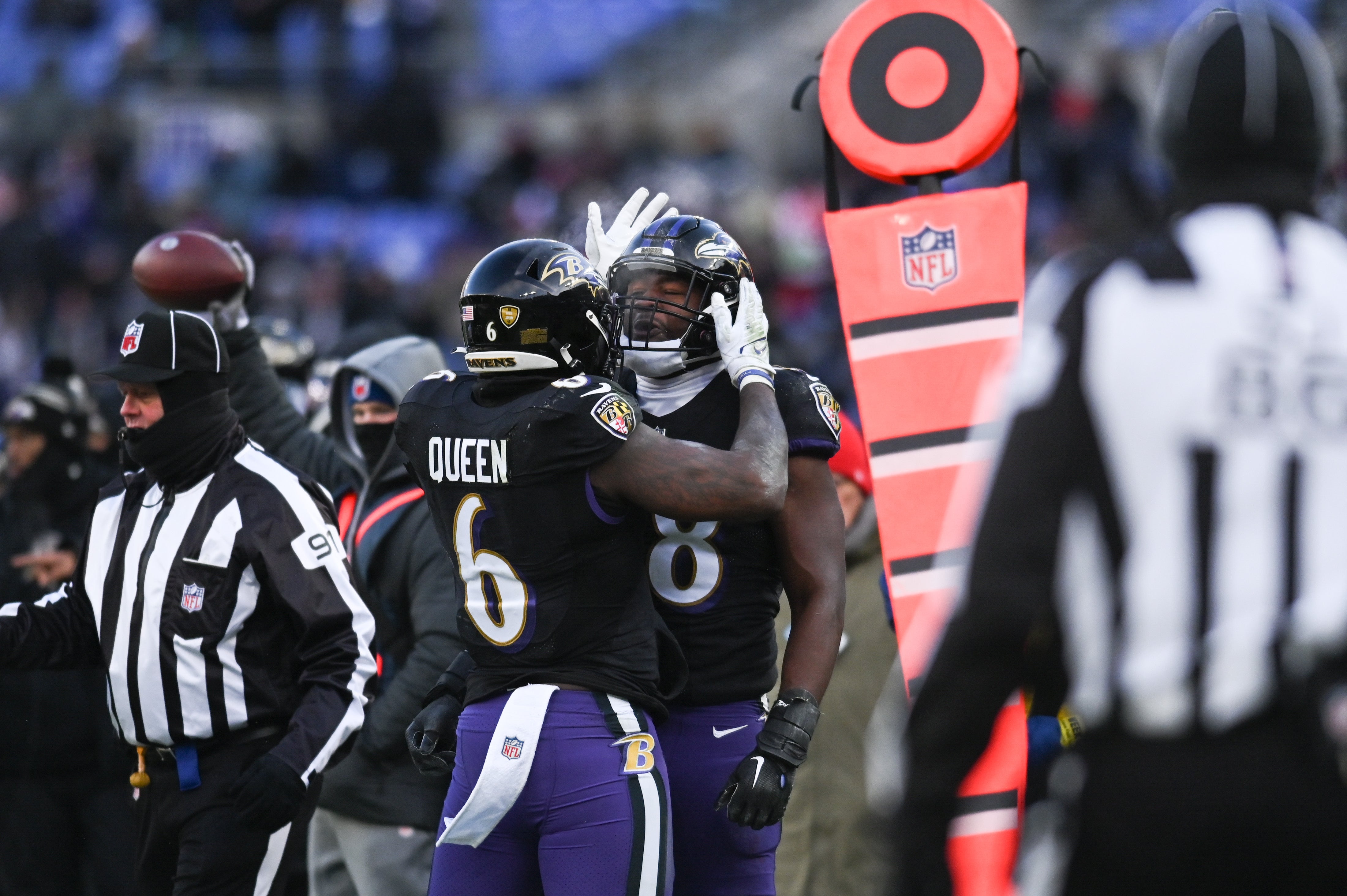 Dec 24, 2022; Baltimore, Maryland, USA; Baltimore Ravens linebacker Patrick Queen (6) celebrates with linebacker Roquan Smith (18) along the sidelines during the game against the Atlanta Falcons at M&T Bank Stadium. Mandatory Credit: Tommy Gilligan-USA TODAY Sports