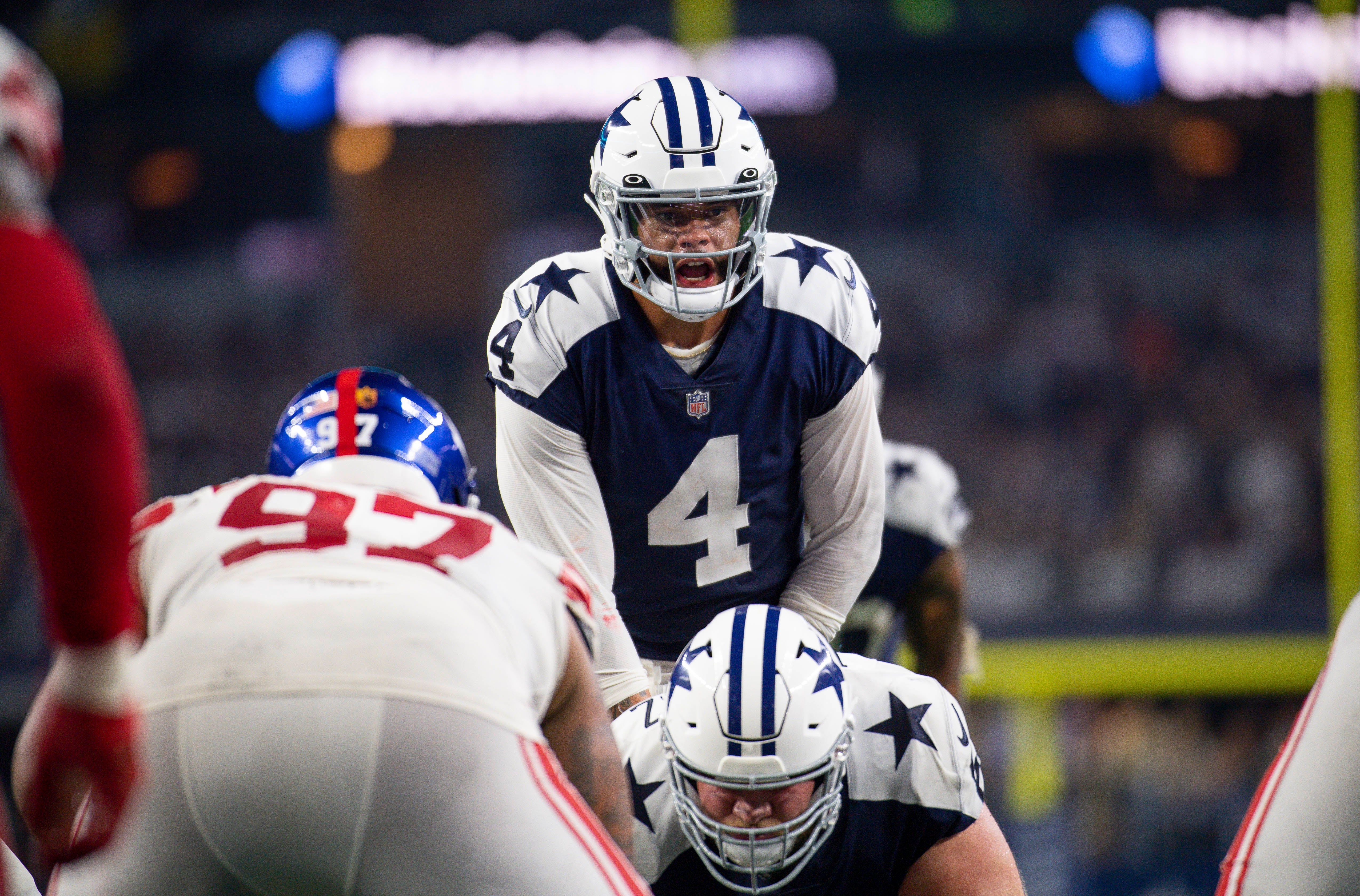 Dallas Cowboys quarterback Dak Prescott (4) in action during the game between the Dallas Cowboys and the New York Giants at AT&T Stadium. Mandatory Credit: Jerome Miron-USA TODAY Sports  Created: