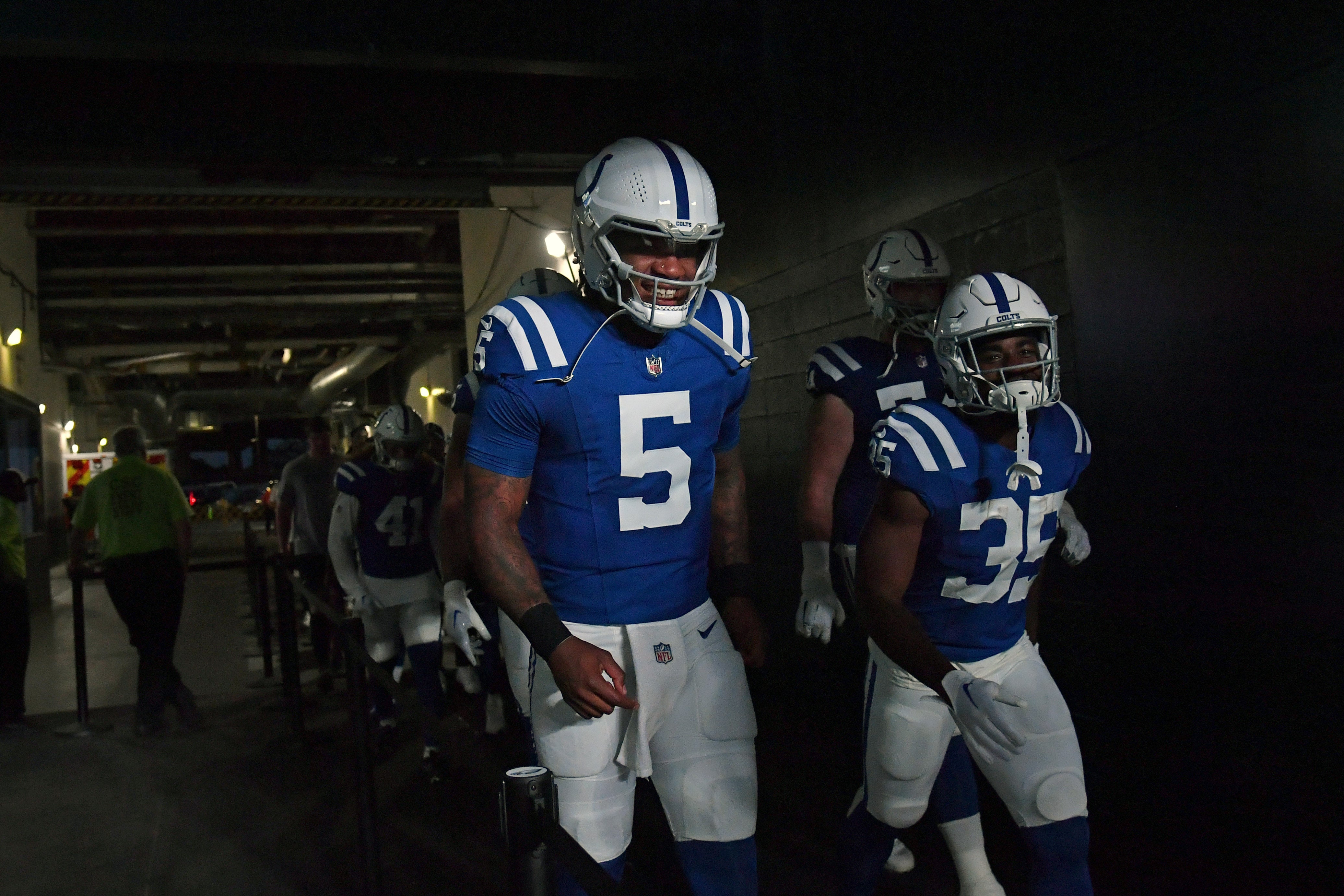 Aug 24, 2023; Philadelphia, Pennsylvania, USA; Indianapolis Colts quarterback Anthony Richardson (5) and running back Deon Jackson (35) in the tunnel against the Philadelphia Eagles at Lincoln Financial Field.