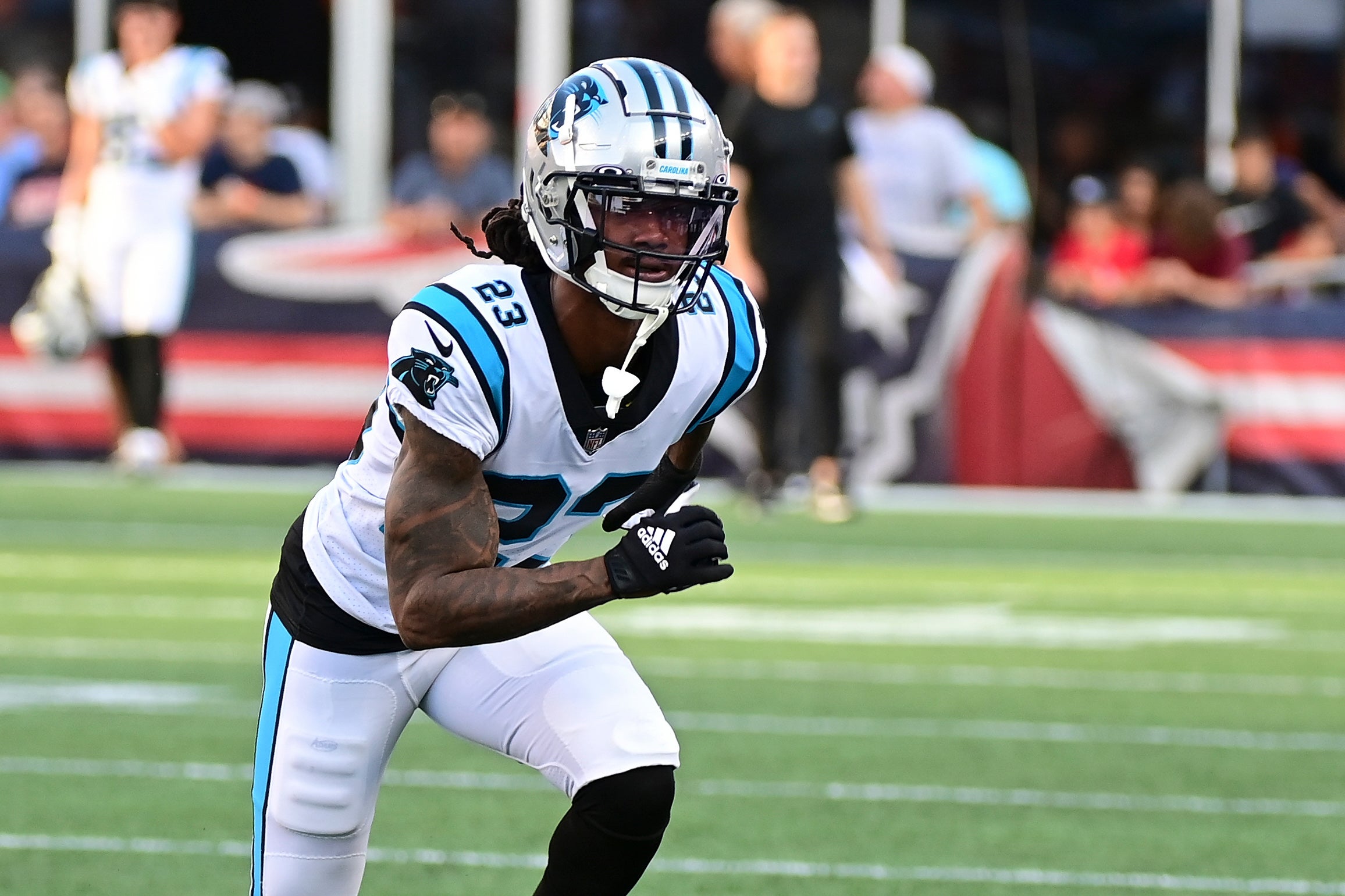 Aug 19, 2022; Foxborough, Massachusetts, USA; Carolina Panthers cornerback Stantley Thomas-Oliver III (23) warms up before a preseason game against the New England Patriots at Gillette Stadium. Mandatory Credit: Eric Canha-USA TODAY Sports