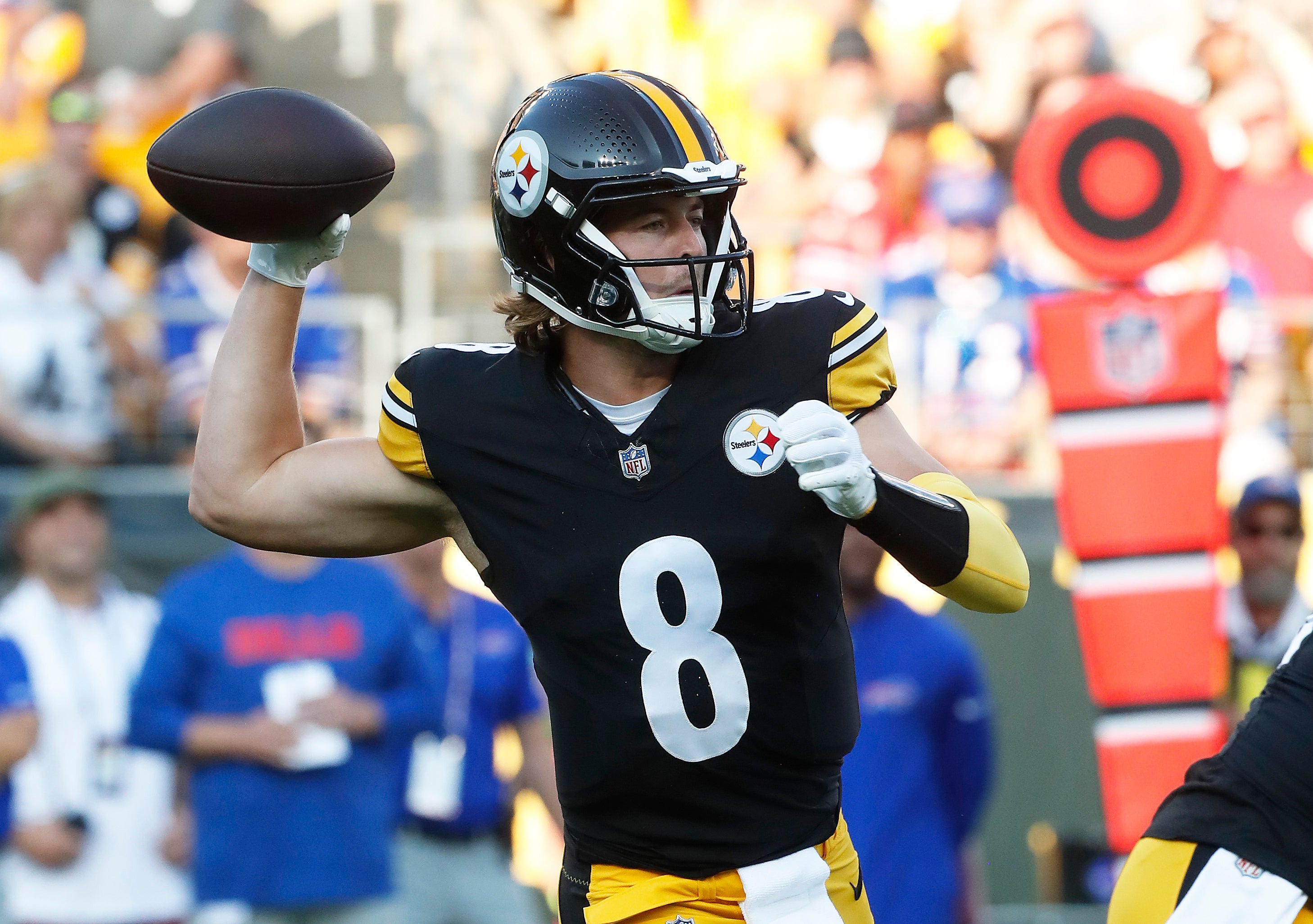 Aug 19, 2023; Pittsburgh, Pennsylvania, USA; Pittsburgh Steelers quarterback Kenny Pickett (8) passes the ball against the Buffalo Bills during the first quarter at Acrisure Stadium. Mandatory Credit: Charles LeClaire-USA TODAY Sports