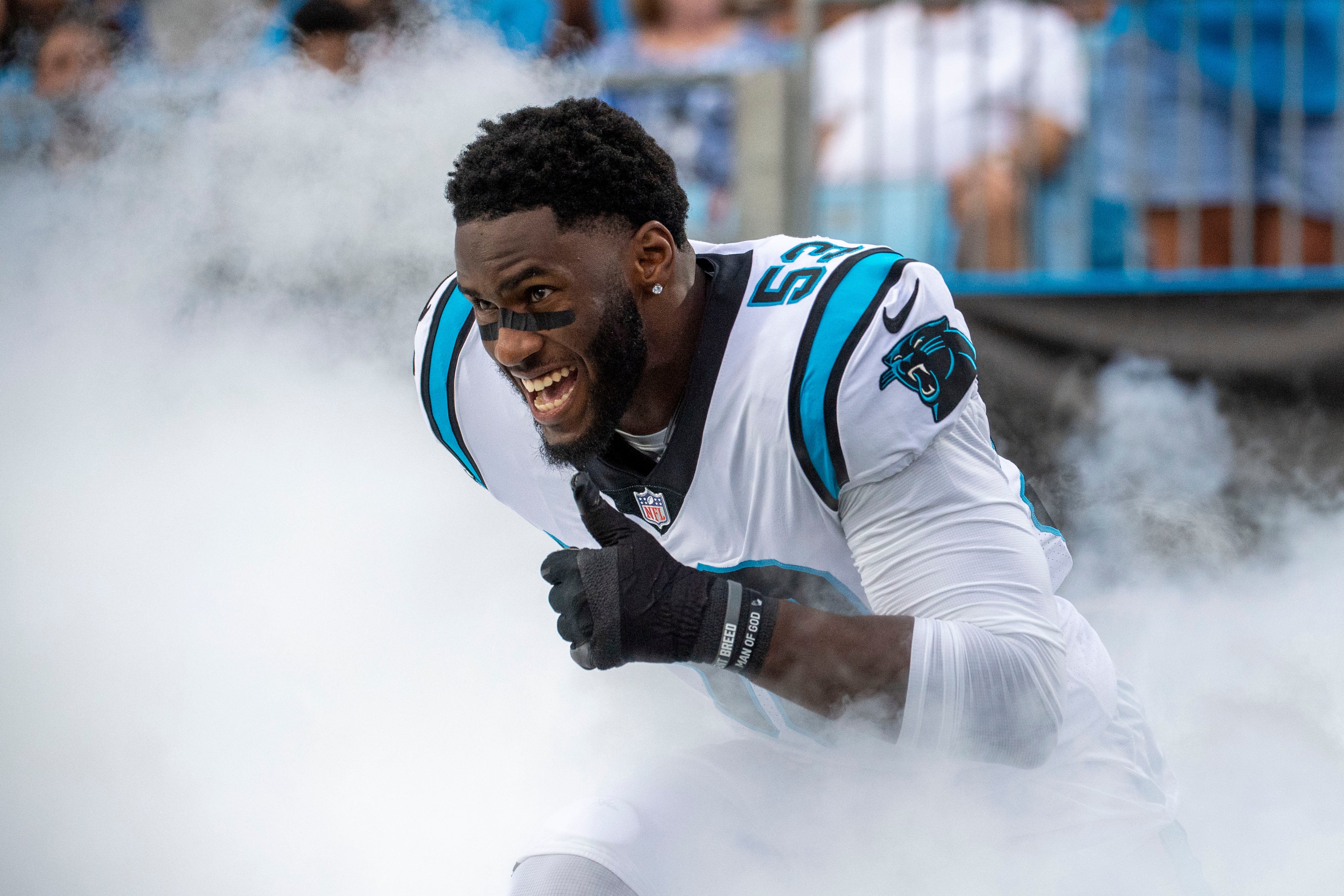 Aug 21, 2021; Charlotte, North Carolina, USA; Carolina Panthers defensive end Brian Burns (53) iruns on to the field at Bank of America Stadium. Mandatory Credit: Bob Donnan-USA TODAY Sports