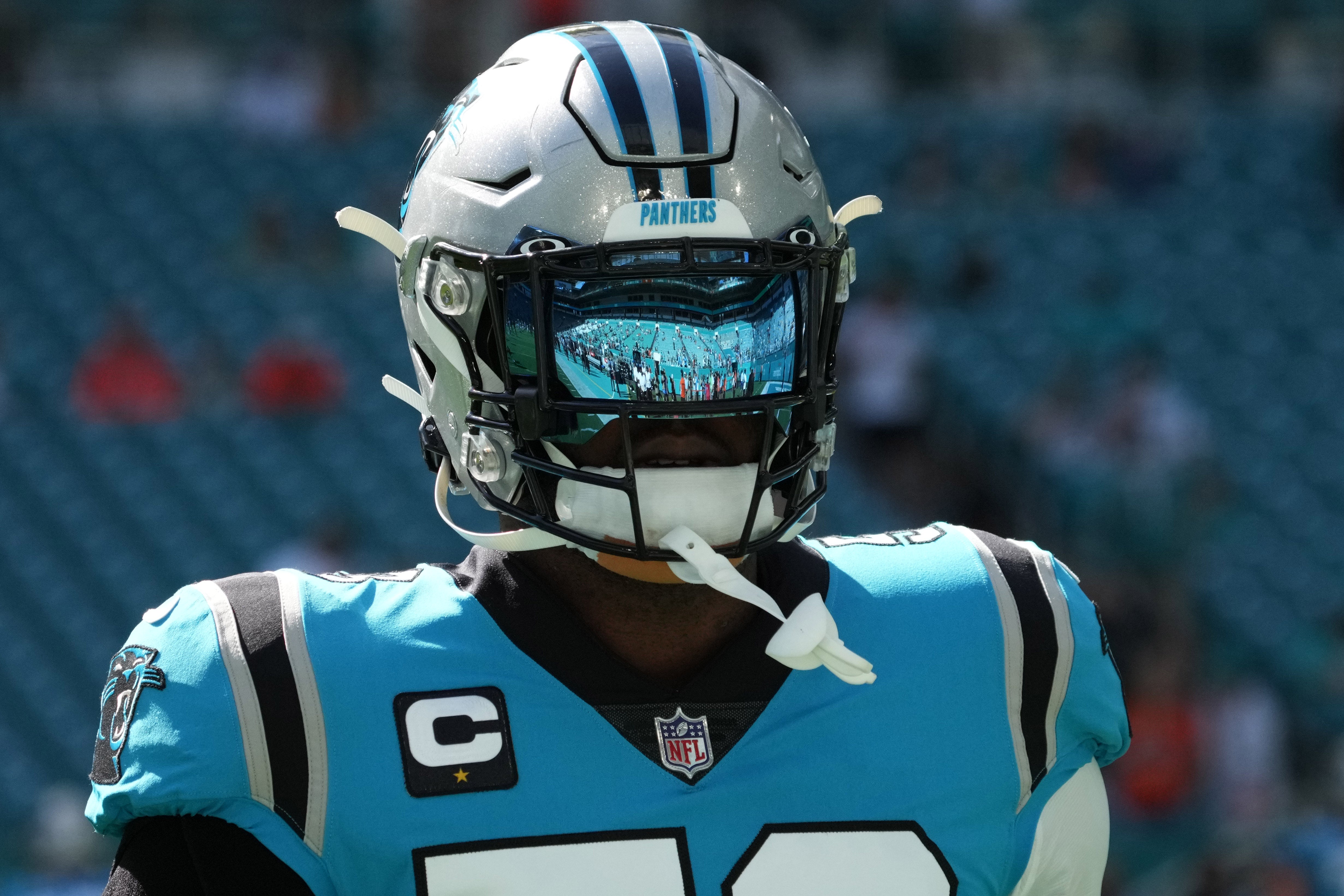 Nov 28, 2021; Miami Gardens, Florida, USA; Carolina Panthers defensive end Brian Burns (53) warms up prior to the game against the Miami Dolphins at Hard Rock Stadium. Mandatory Credit: Jasen Vinlove-USA TODAY Sports