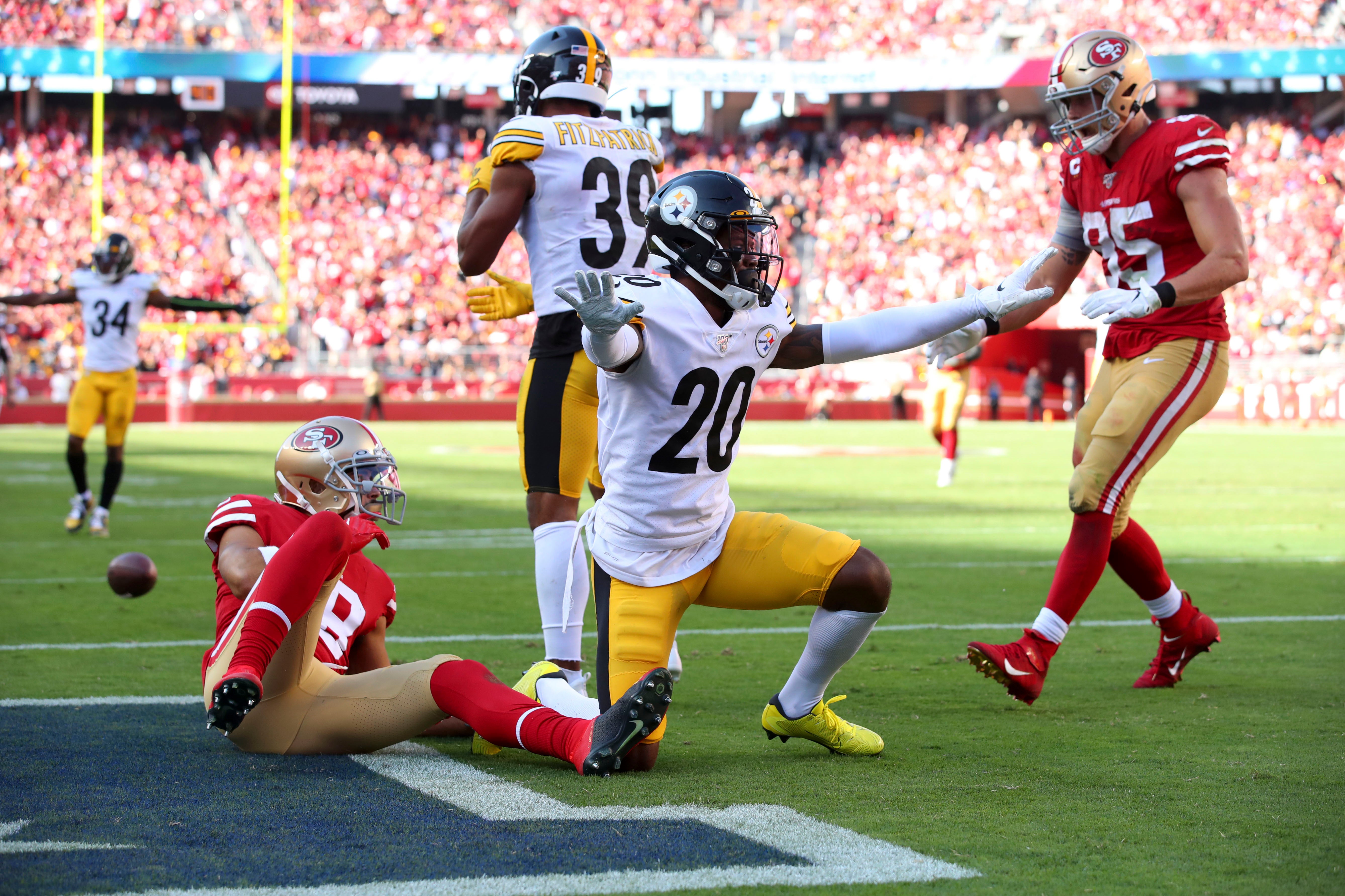Sep 22, 2019; Santa Clara, CA, USA; Pittsburgh Steelers cornerback Cameron Sutton (20) reacts after breaking up a pass intended for San Francisco 49ers wide receiver Dante Pettis (18) in the fourth quarter at Levi's Stadium. Mandatory Credit: Cary Edmondson-USA TODAY Sports  