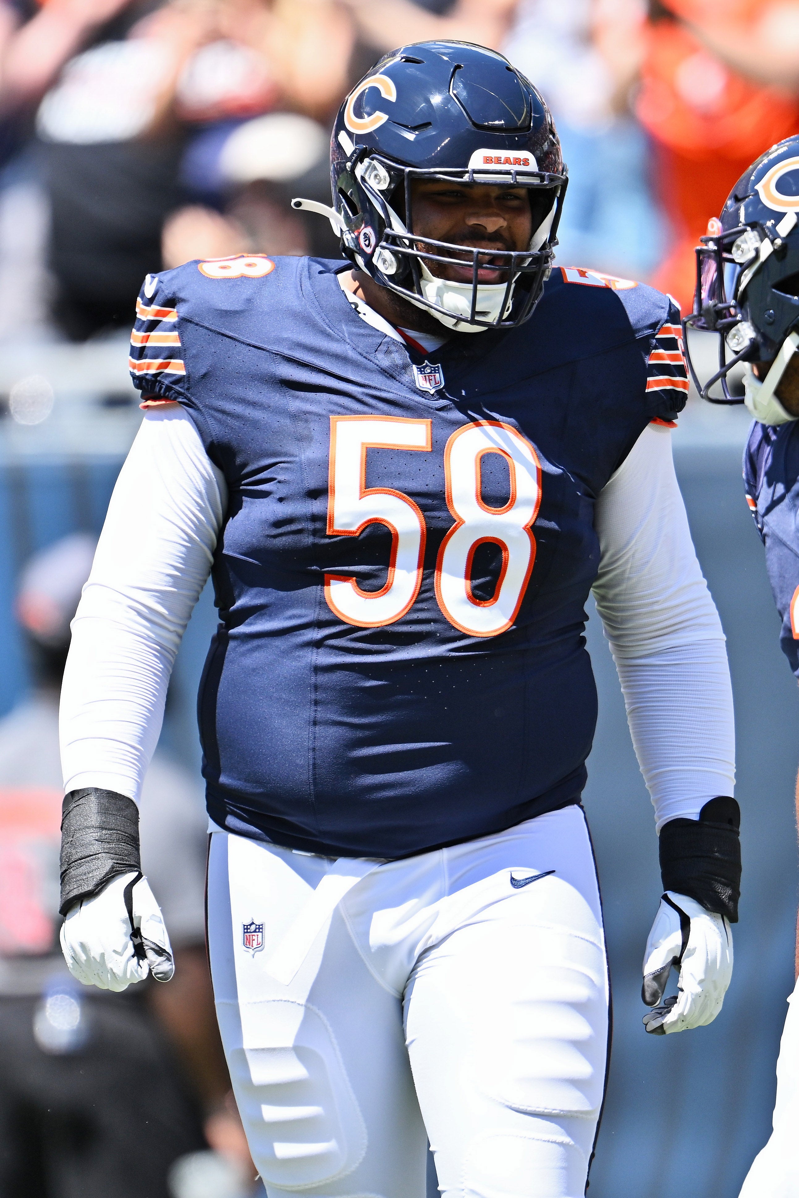 Aug 12, 2023; Chicago, Illinois, USA; Chicago Bears offensive lineman Darnell Wright (58) in action against the Tennessee Titans at Soldier Field. Mandatory Credit: Jamie Sabau-USA TODAY Sports