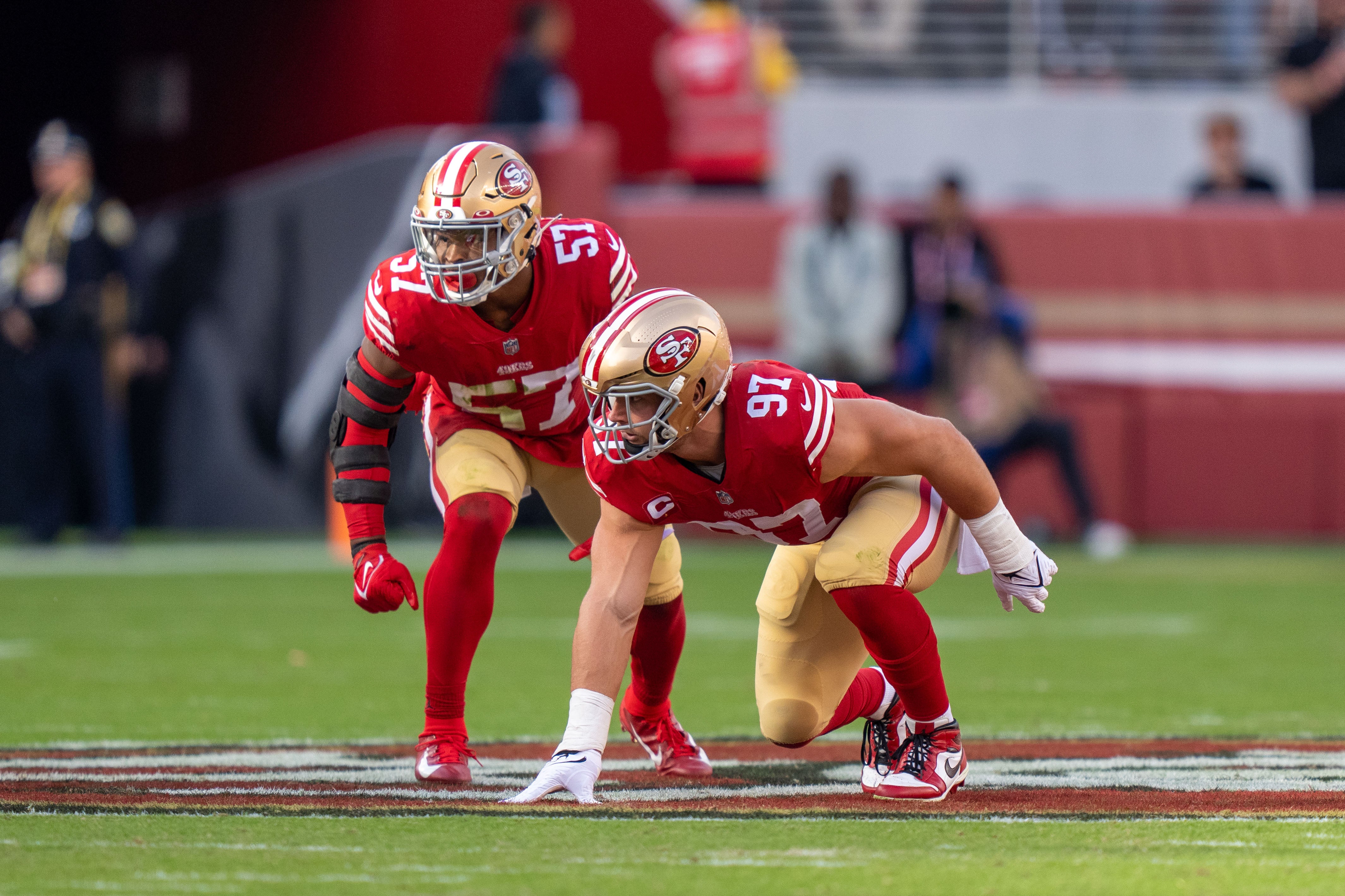 November 27, 2022; Santa Clara, California, USA; San Francisco 49ers linebacker Dre Greenlaw (57) and defensive end Nick Bosa (97) during the first quarter against the New Orleans Saints at Levi's Stadium. Mandatory Credit: Kyle Terada-USA TODAY Sports